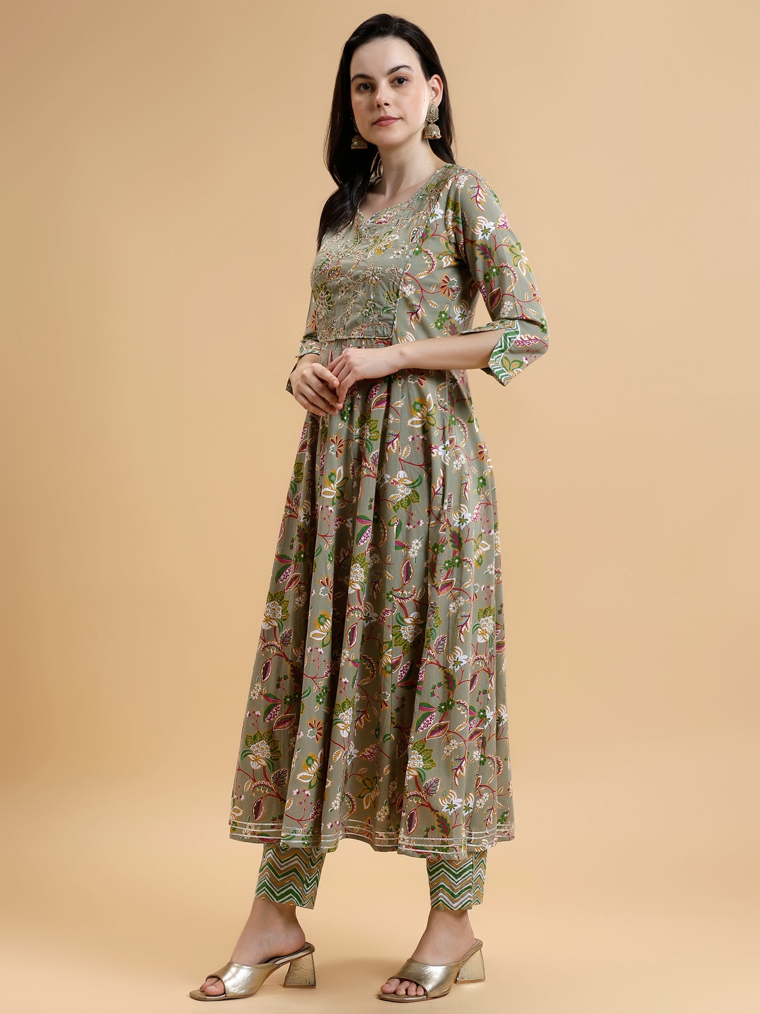 Floral Embroidered Sequined Anarkali Liva Kurta with Trousers & Dupatta - Five Miles