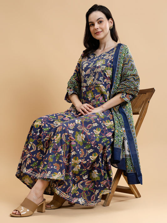 Floral Printed Sequined Anarkali Liva Kurta with Trousers & Dupatta - Five Miles