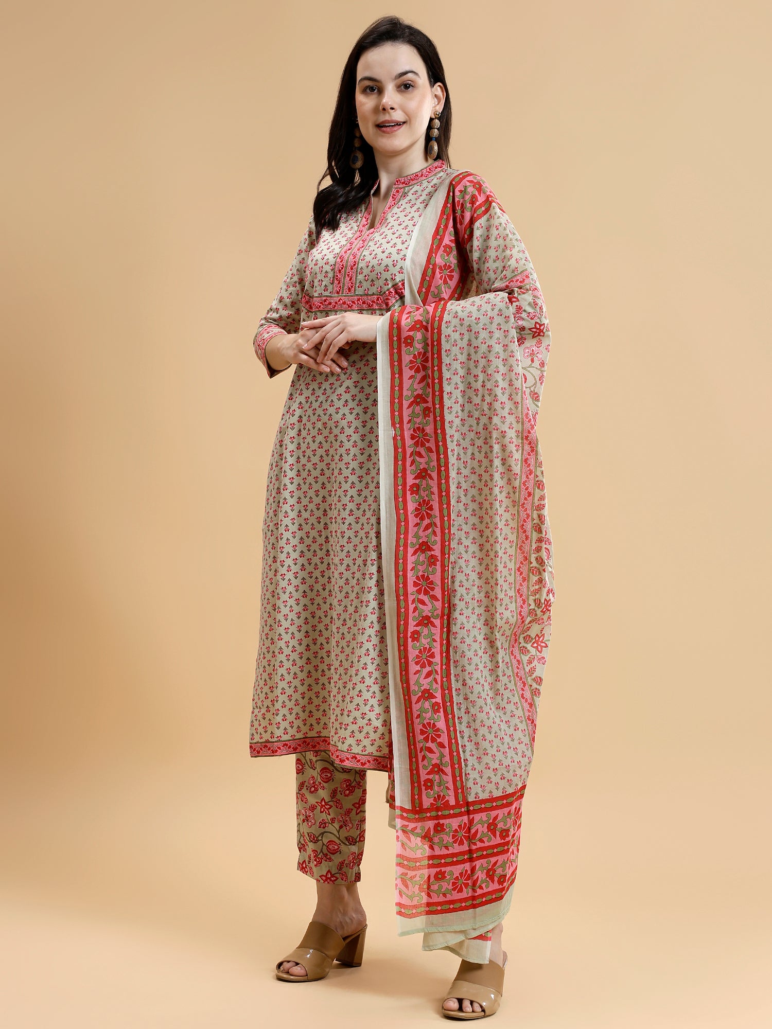 Band Collar Floral Printed Pure Cotton Kurta With Trousers & Dupatta - Five Miles