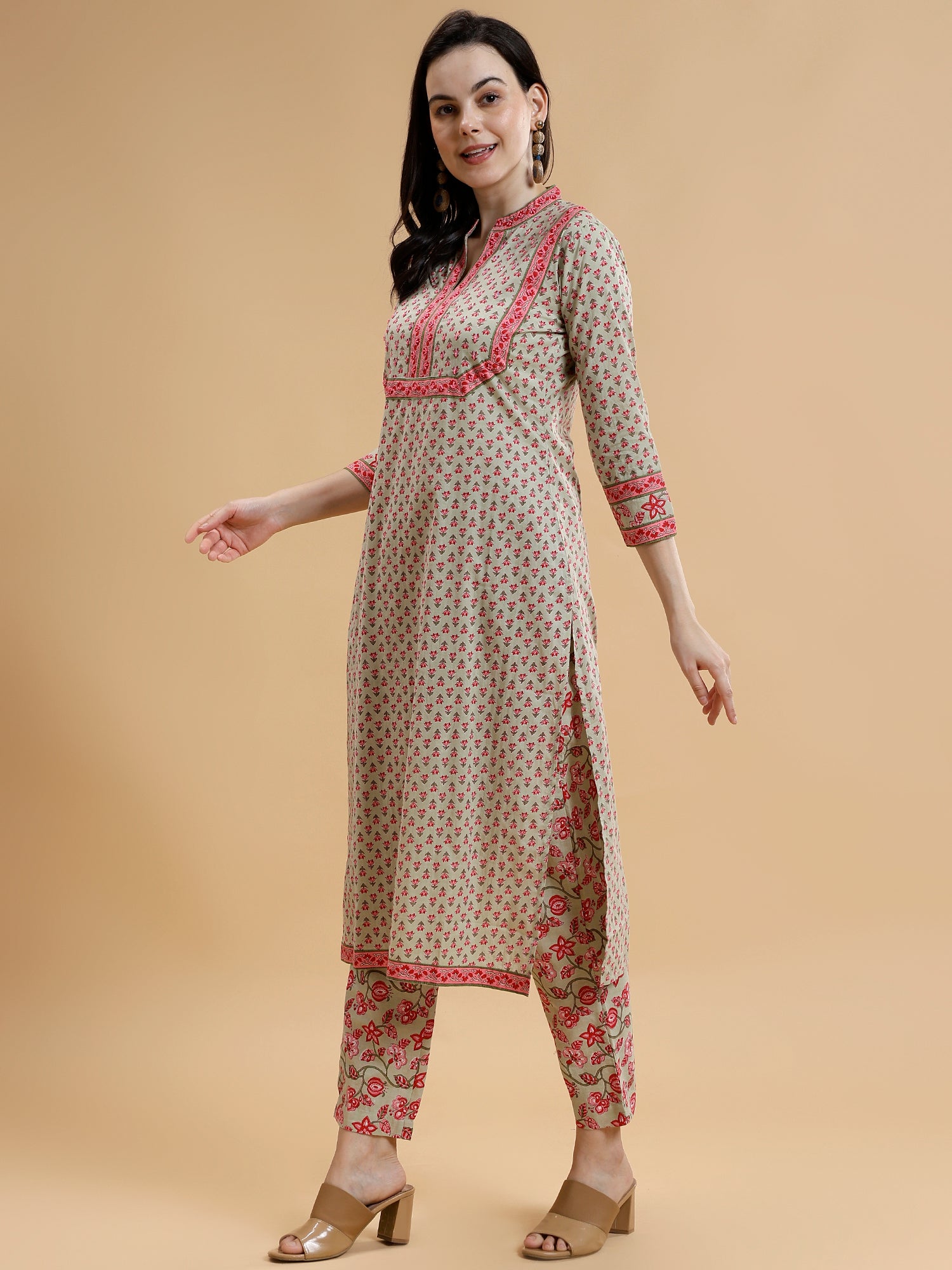 Band Collar Floral Printed Pure Cotton Kurta With Trousers & Dupatta - Five Miles