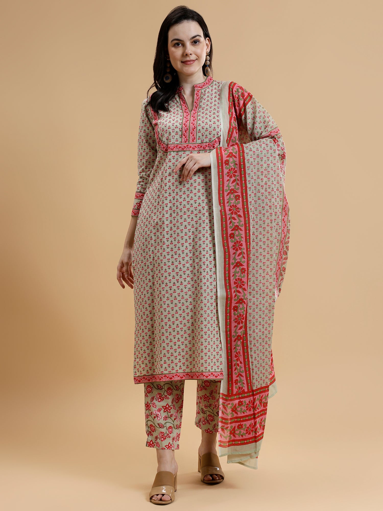 Band Collar Floral Printed Pure Cotton Kurta With Trousers & Dupatta - Five Miles