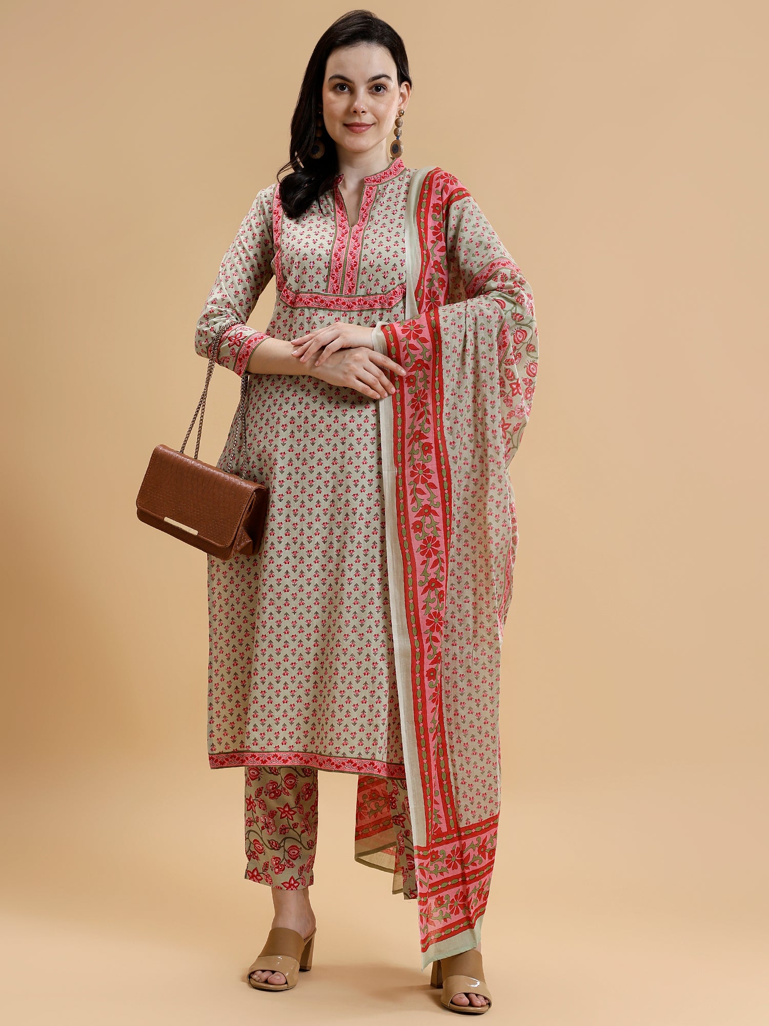 Band Collar Floral Printed Pure Cotton Kurta With Trousers & Dupatta - Five Miles