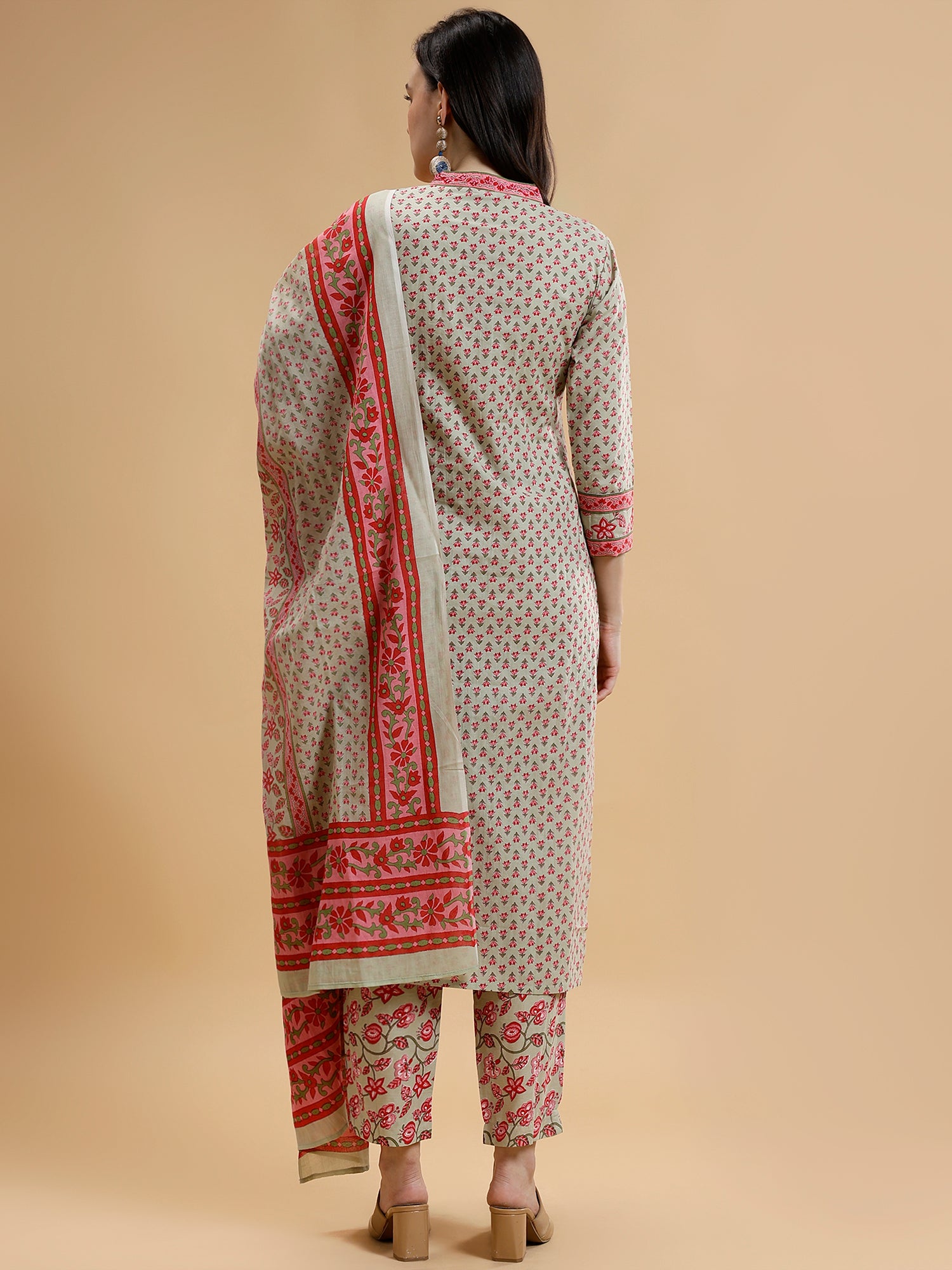 Band Collar Floral Printed Pure Cotton Kurta With Trousers & Dupatta - Five Miles