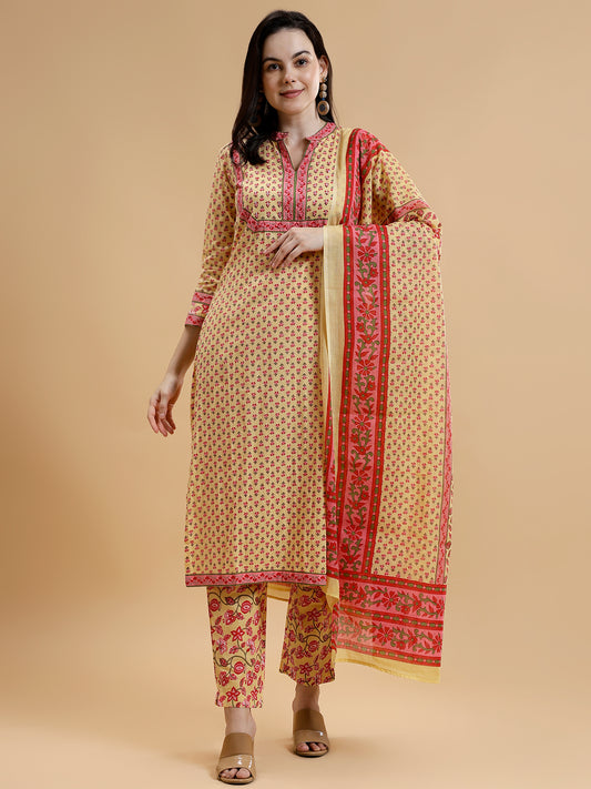 Printed Pure Cotton Kurta with Trousers & Dupatta - Five Miles