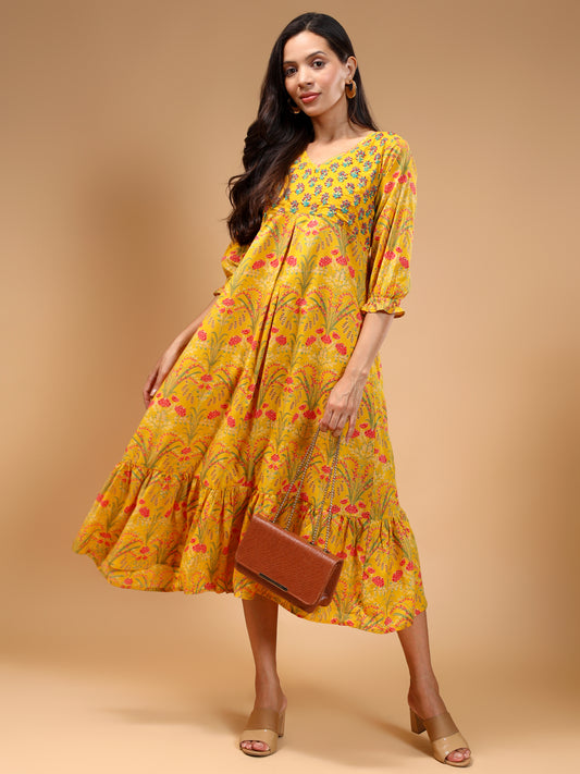 Floral Printed Cotton A-Line Midi Dress - Five Miles