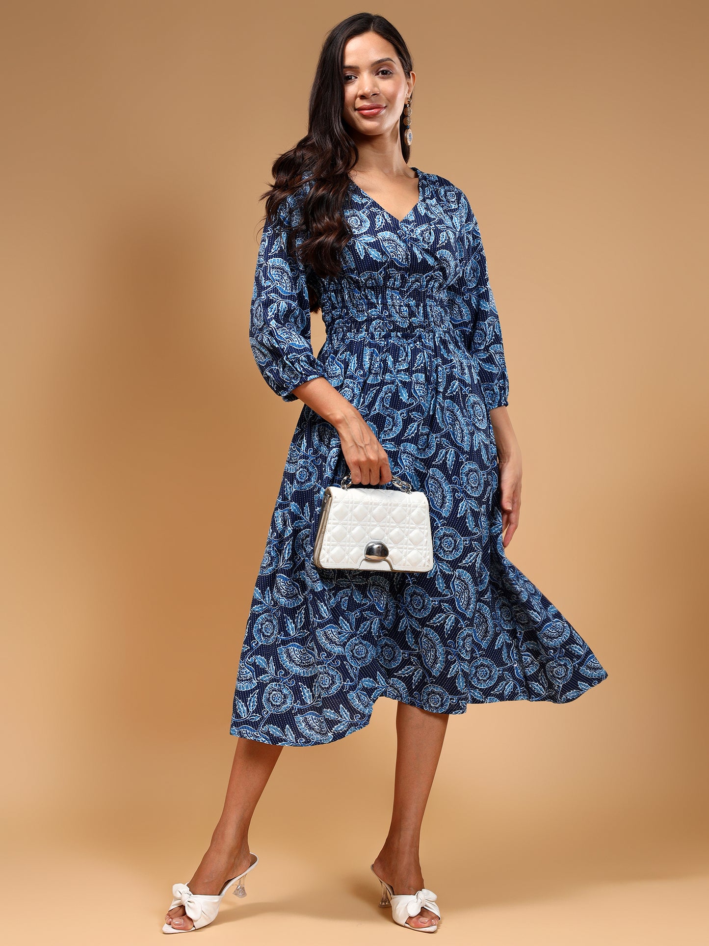 Floral Printed Cotton A-Line Midi Dress - Five Miles