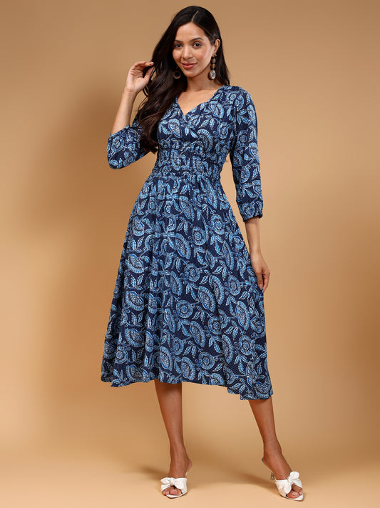 Floral Printed Cotton A-Line Midi Dress - Five Miles