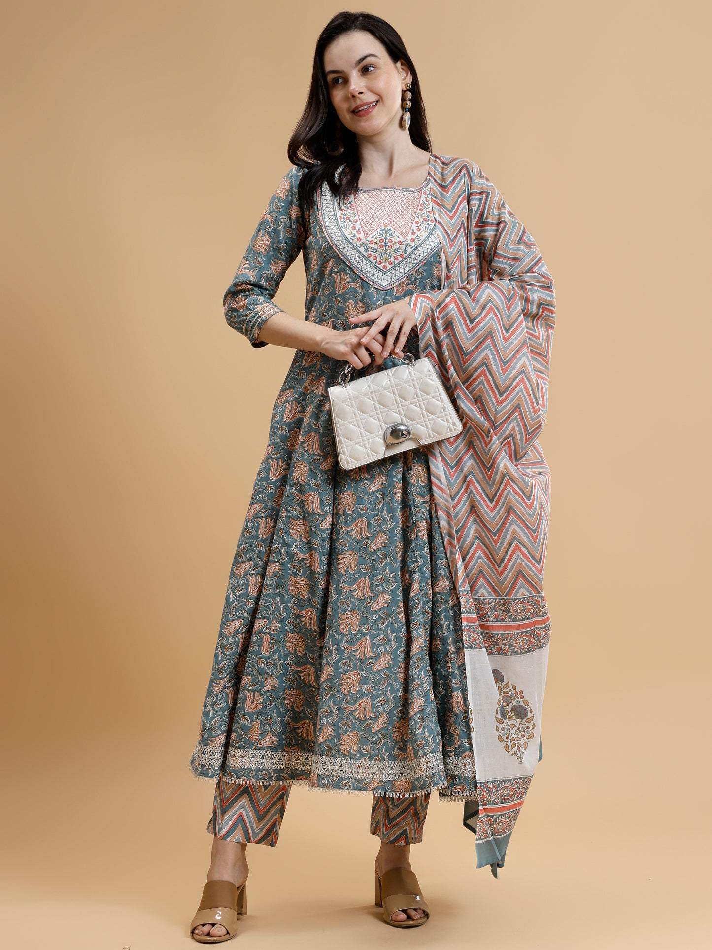 Floral Printed Thread Work Pure Cotton Anarkali Kurta With Trousers & Dupatta - Five Miles