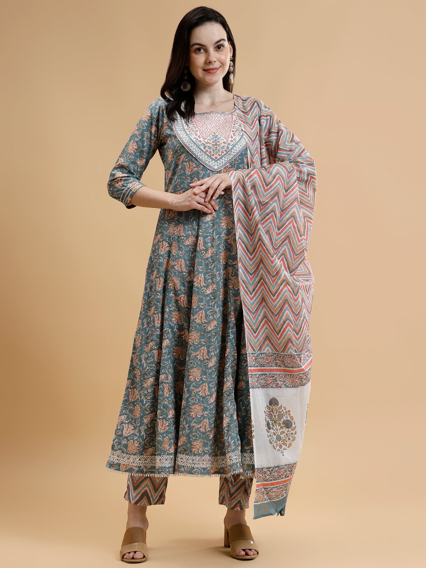 Floral Printed Thread Work Pure Cotton Anarkali Kurta With Trousers & Dupatta - Five Miles