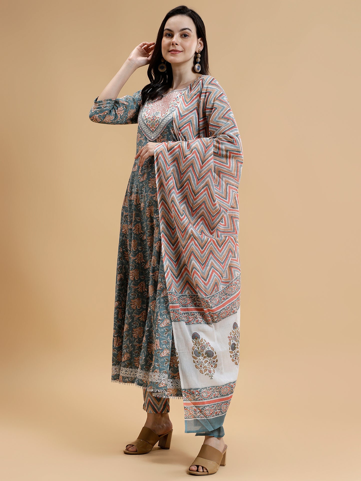 Floral Printed Thread Work Pure Cotton Anarkali Kurta With Trousers & Dupatta - Five Miles