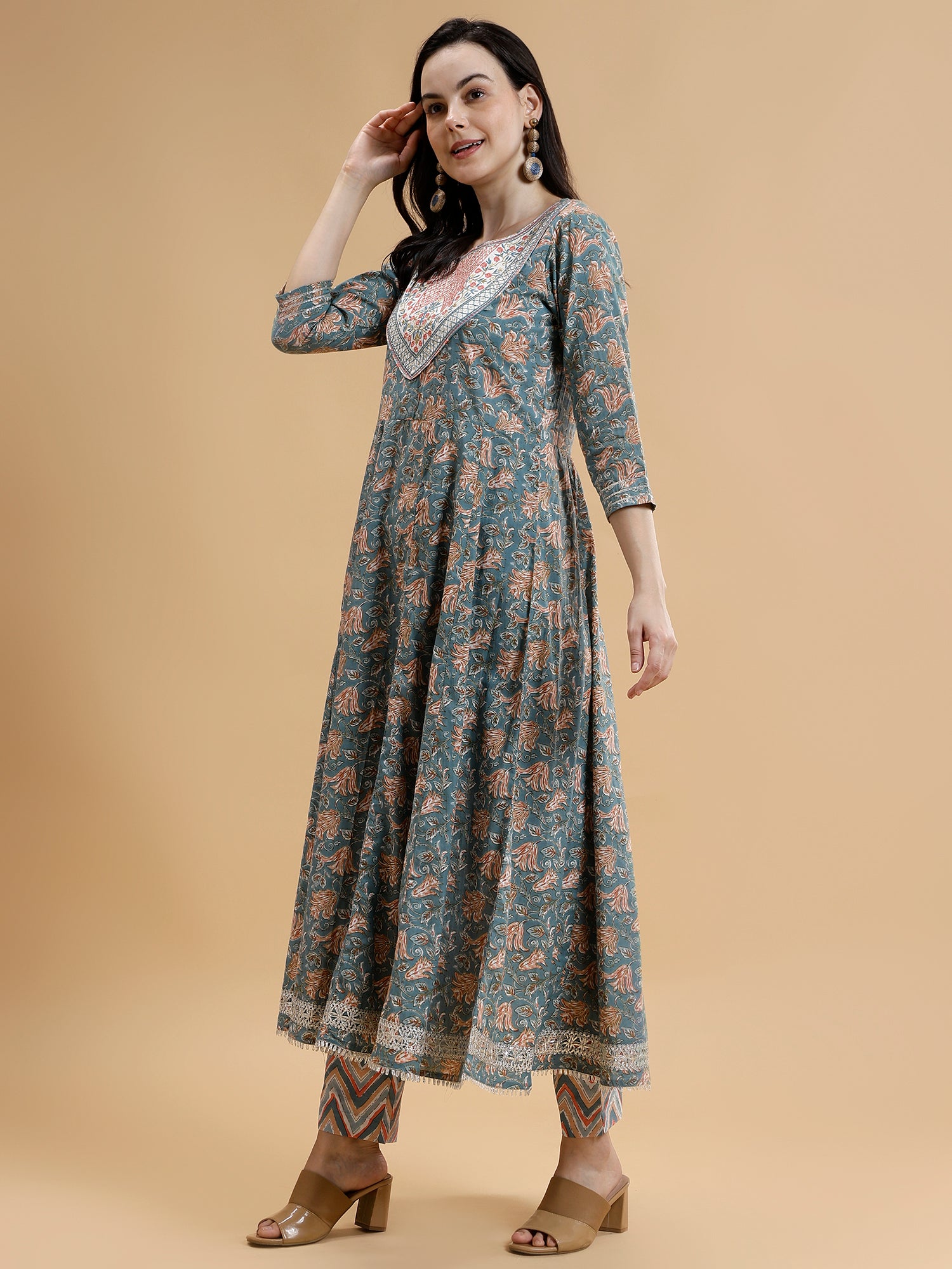 Floral Printed Thread Work Pure Cotton Anarkali Kurta With Trousers & Dupatta - Five Miles