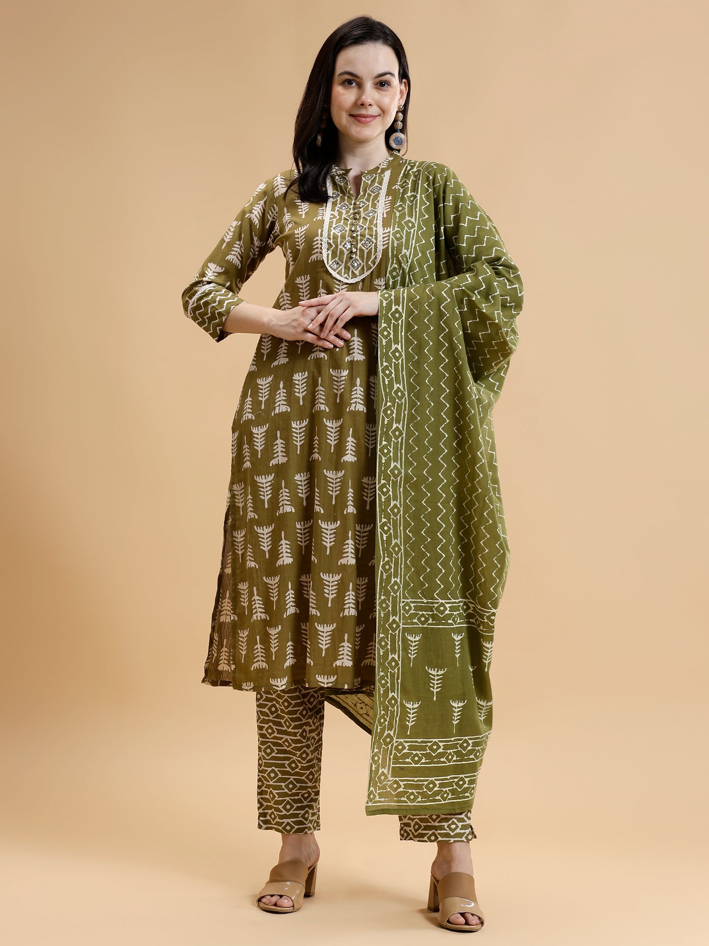 Ethnic Motifs Printed Pure Cotton Kurta with Trousers & With Dupatta - Five Miles