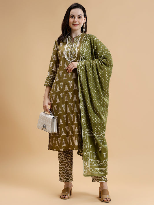 Ethnic Motifs Printed Pure Cotton Kurta with Trousers & With Dupatta - Five Miles