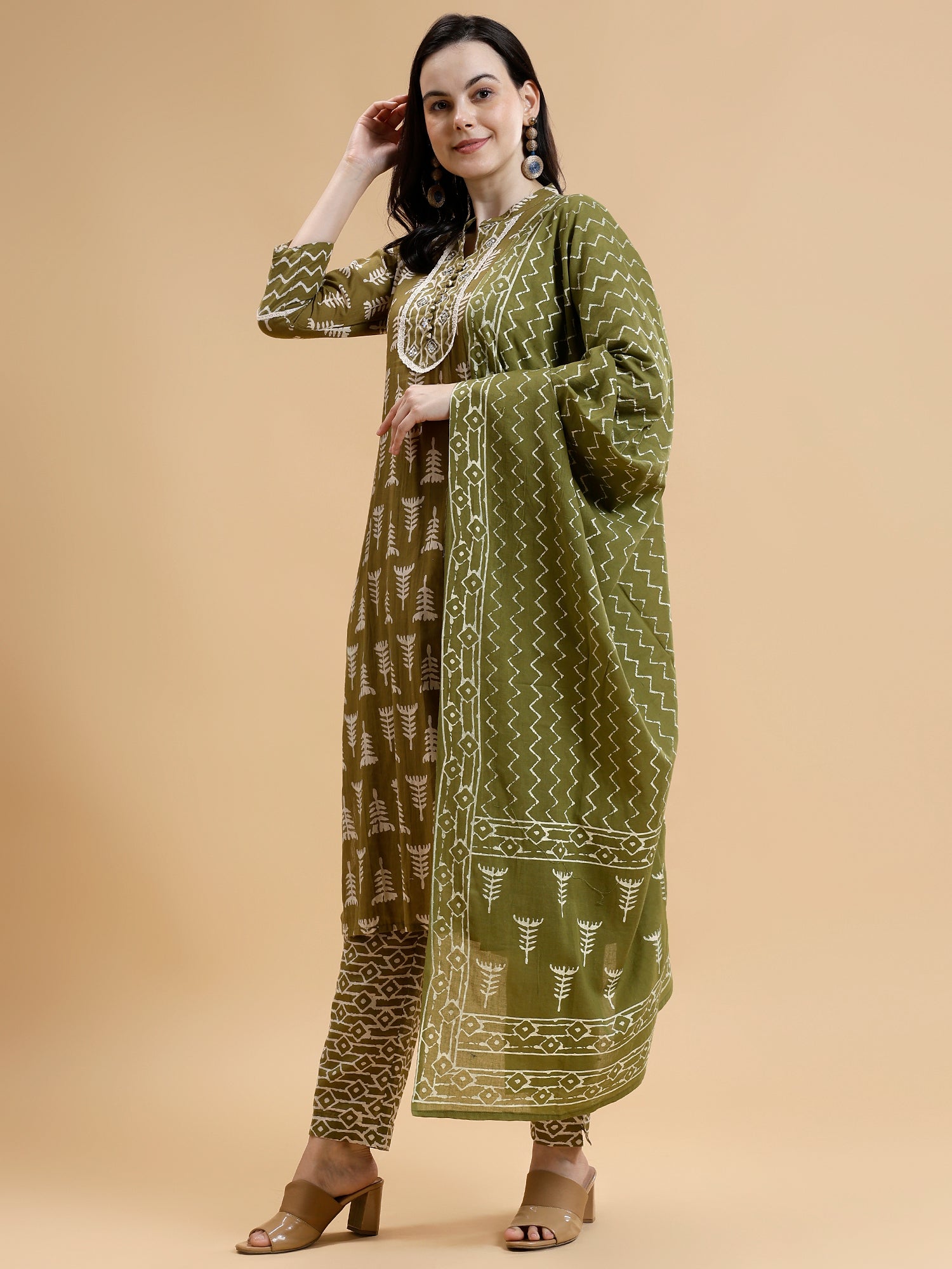 Ethnic Motifs Printed Pure Cotton Kurta with Trousers & With Dupatta - Five Miles