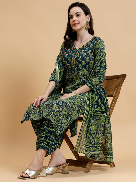 Ethnic Motifs Printed Thread Work Pure Cotton Kurta with Salwar & Dupatta - Five Miles