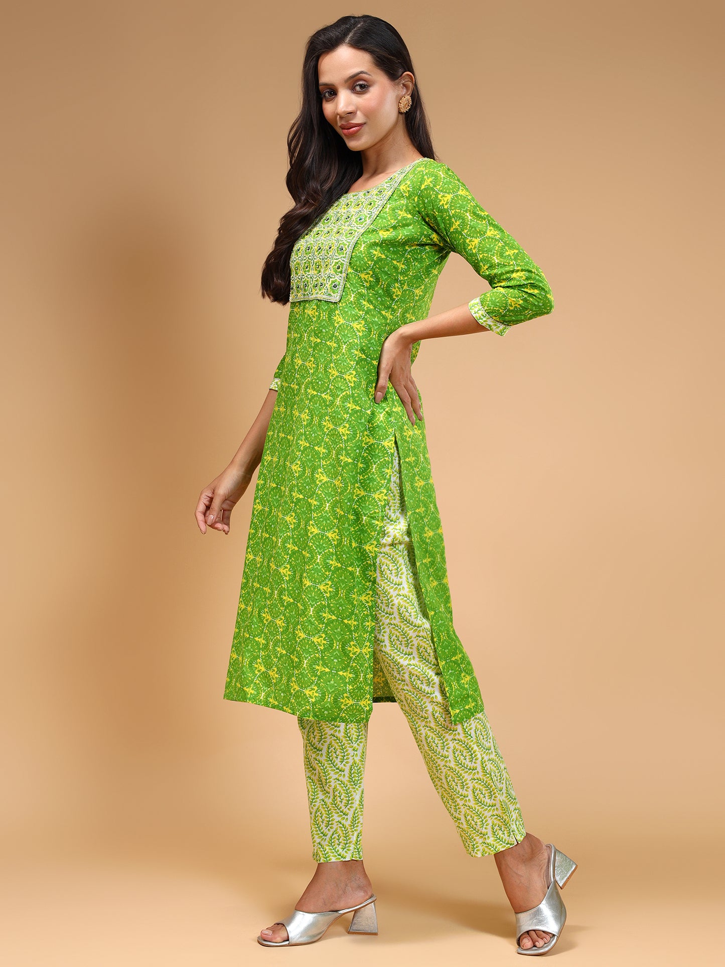 Printed Thread Work Pure Cotton Block Print Kurta With Trousers & Dupatta - Five Miles