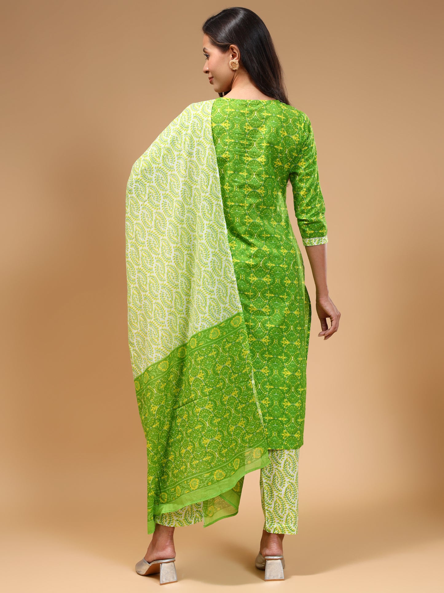 Printed Thread Work Pure Cotton Block Print Kurta With Trousers & Dupatta - Five Miles