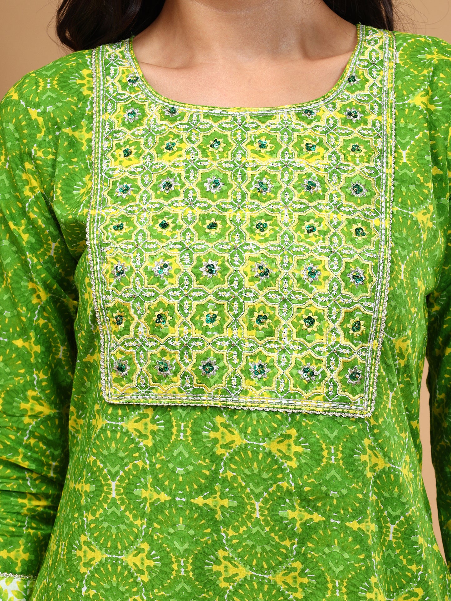 Printed Thread Work Pure Cotton Block Print Kurta With Trousers & Dupatta - Five Miles