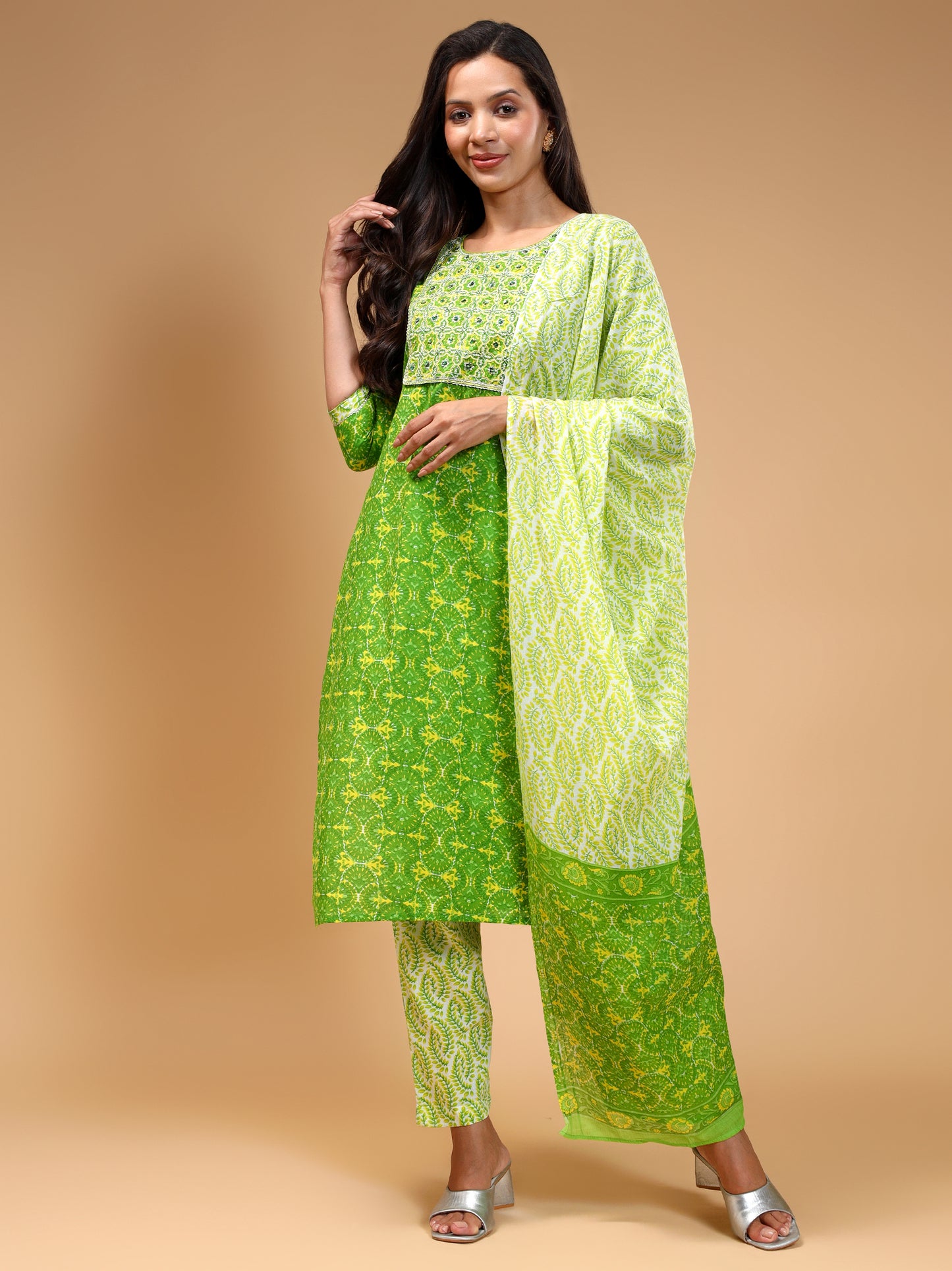 Printed Thread Work Pure Cotton Block Print Kurta With Trousers & Dupatta - Five Miles