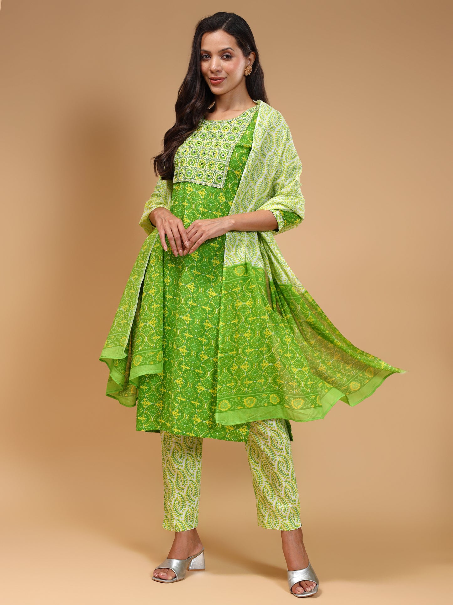 Printed Thread Work Pure Cotton Block Print Kurta With Trousers & Dupatta - Five Miles