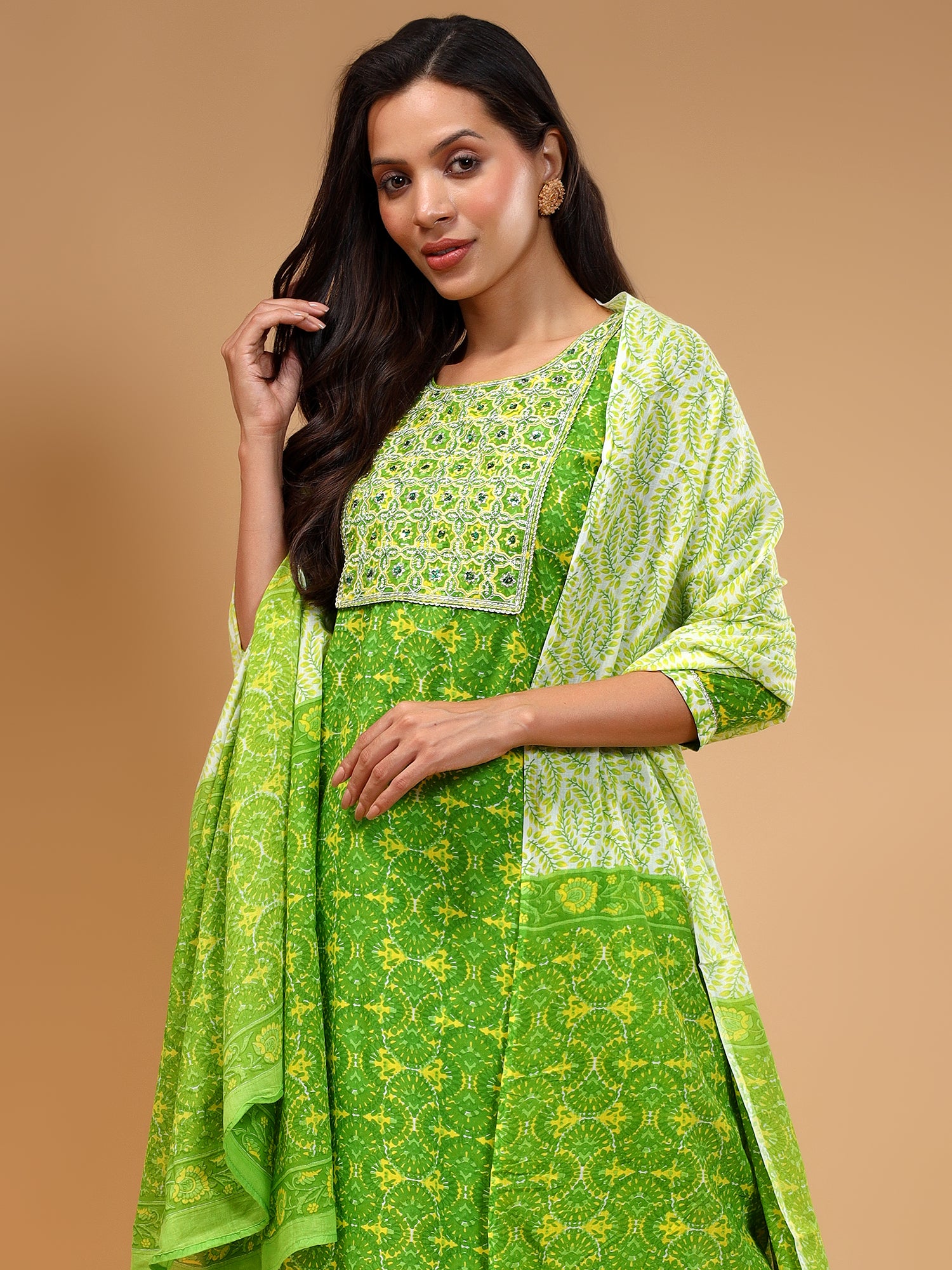 Printed Thread Work Pure Cotton Block Print Kurta With Trousers & Dupatta - Five Miles