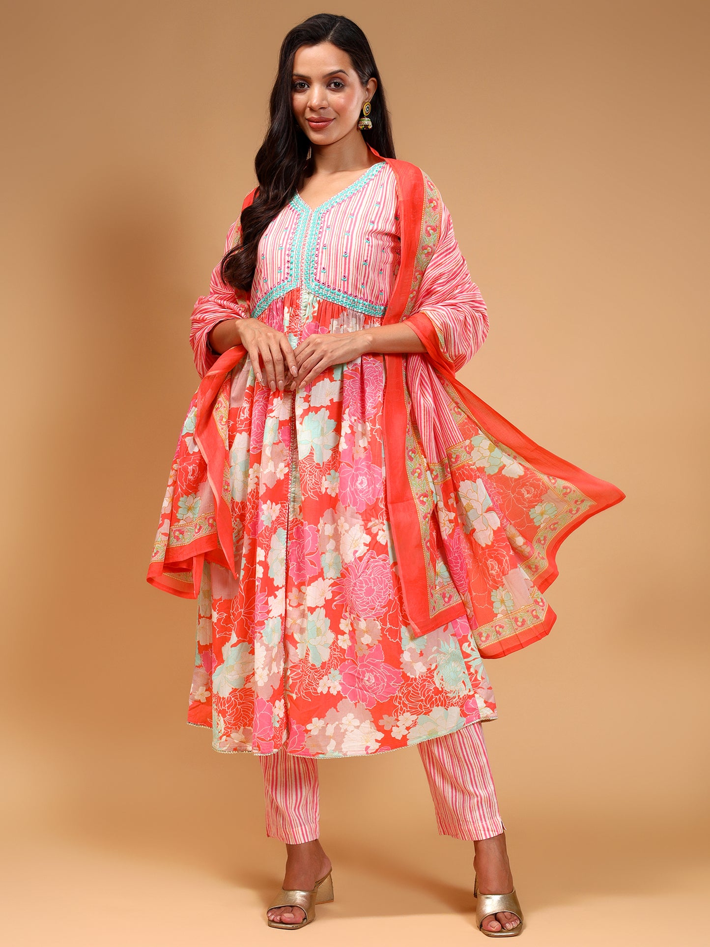 Printed V Neck Mirror Work Pure Cotton Empire Kurta With Trousers & Dupatta - Five Miles