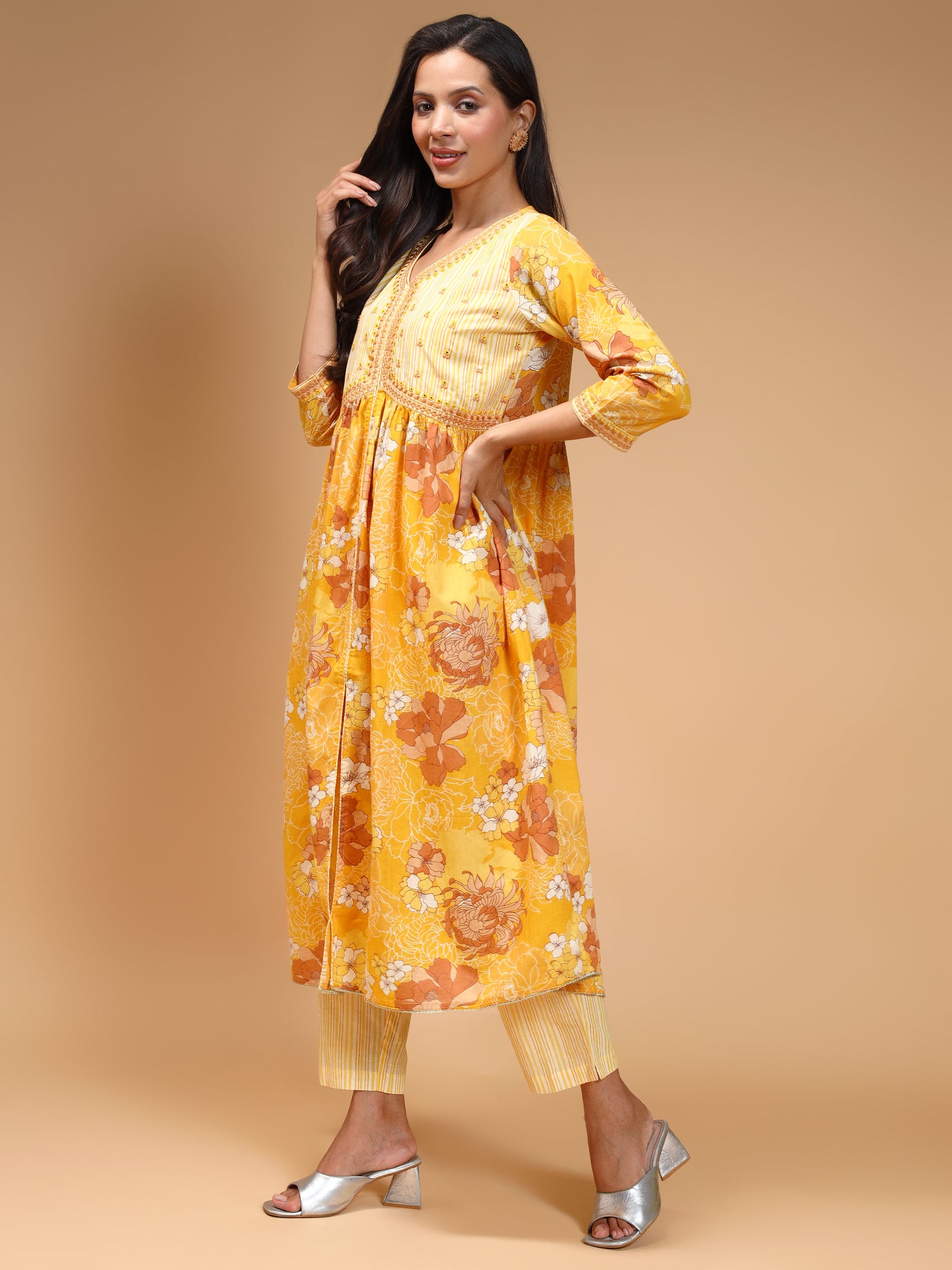 Floral Printed Thread Work Pure Cotton Kurta With Trousers & Dupatta - Five Miles