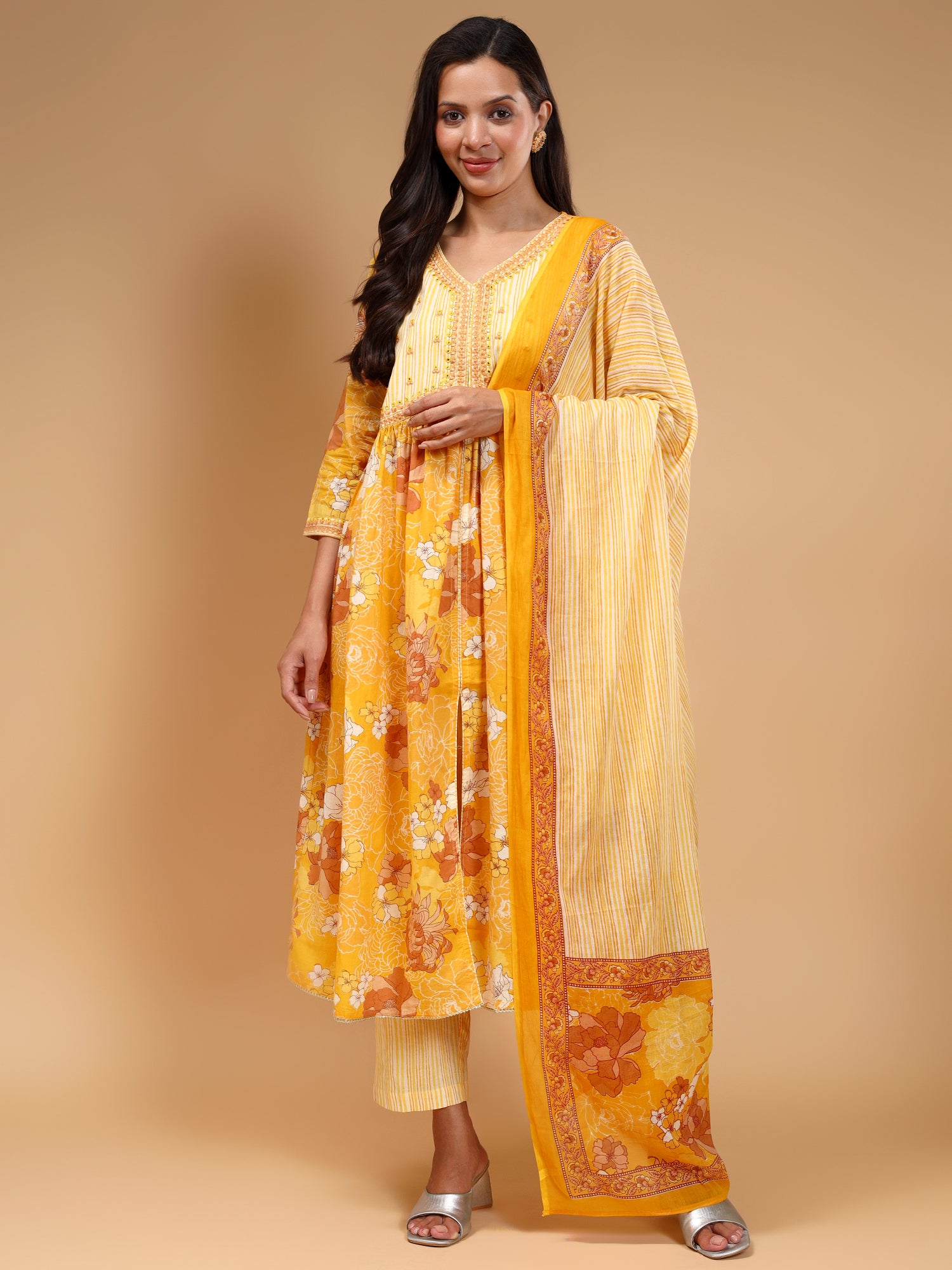 Floral Printed Thread Work Pure Cotton Kurta With Trousers & Dupatta - Five Miles