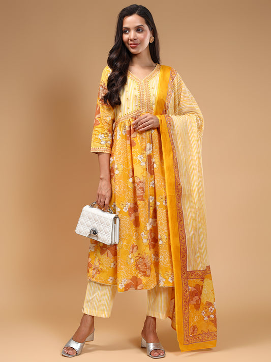 Floral Printed Thread Work Pure Cotton Kurta With Trousers & Dupatta - Five Miles