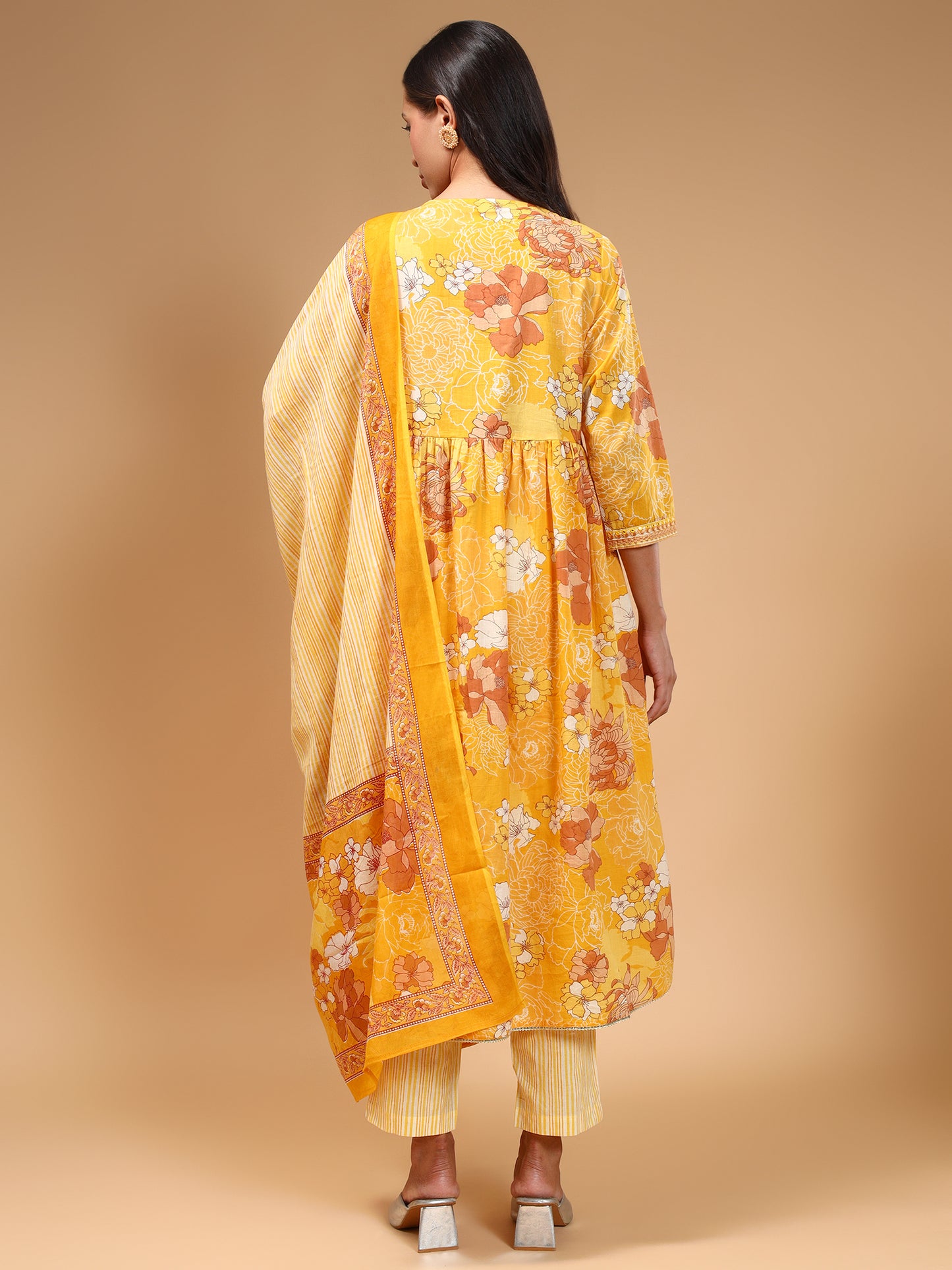 Floral Printed Thread Work Pure Cotton Kurta With Trousers & Dupatta - Five Miles