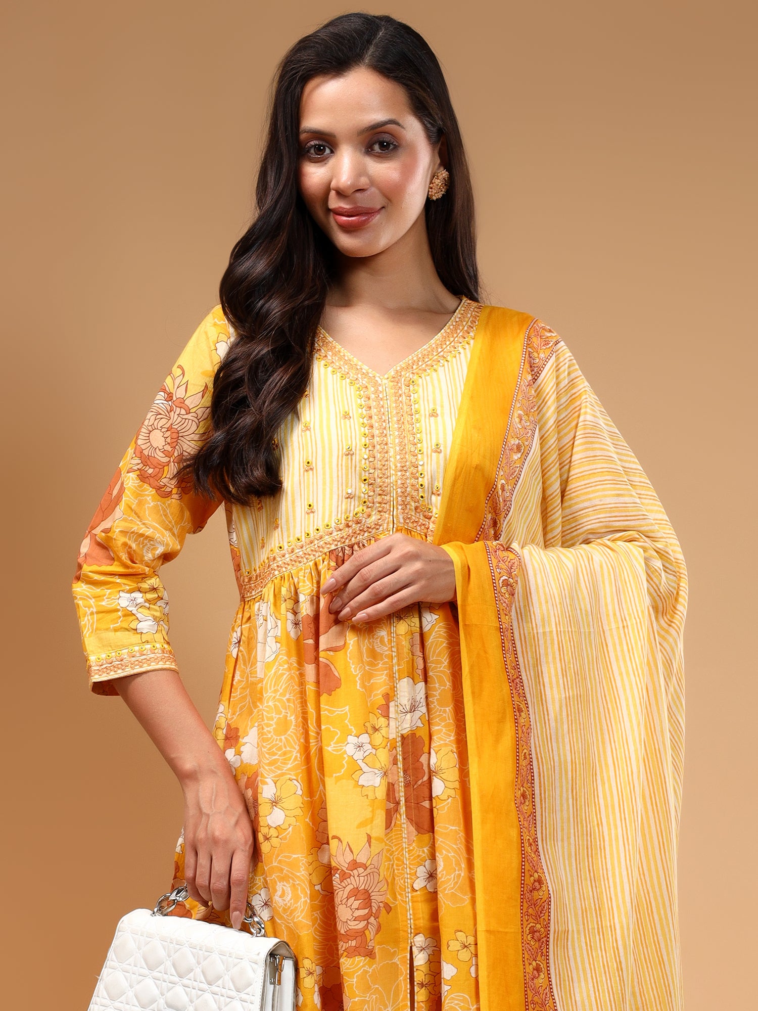 Floral Printed Thread Work Pure Cotton Kurta With Trousers & Dupatta - Five Miles