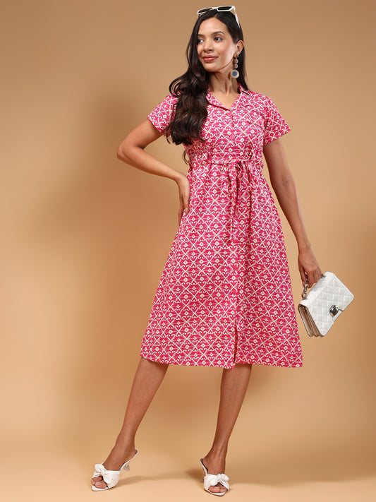 Ethnic Motifs Printed Shirt Dress With Belt - Five Miles