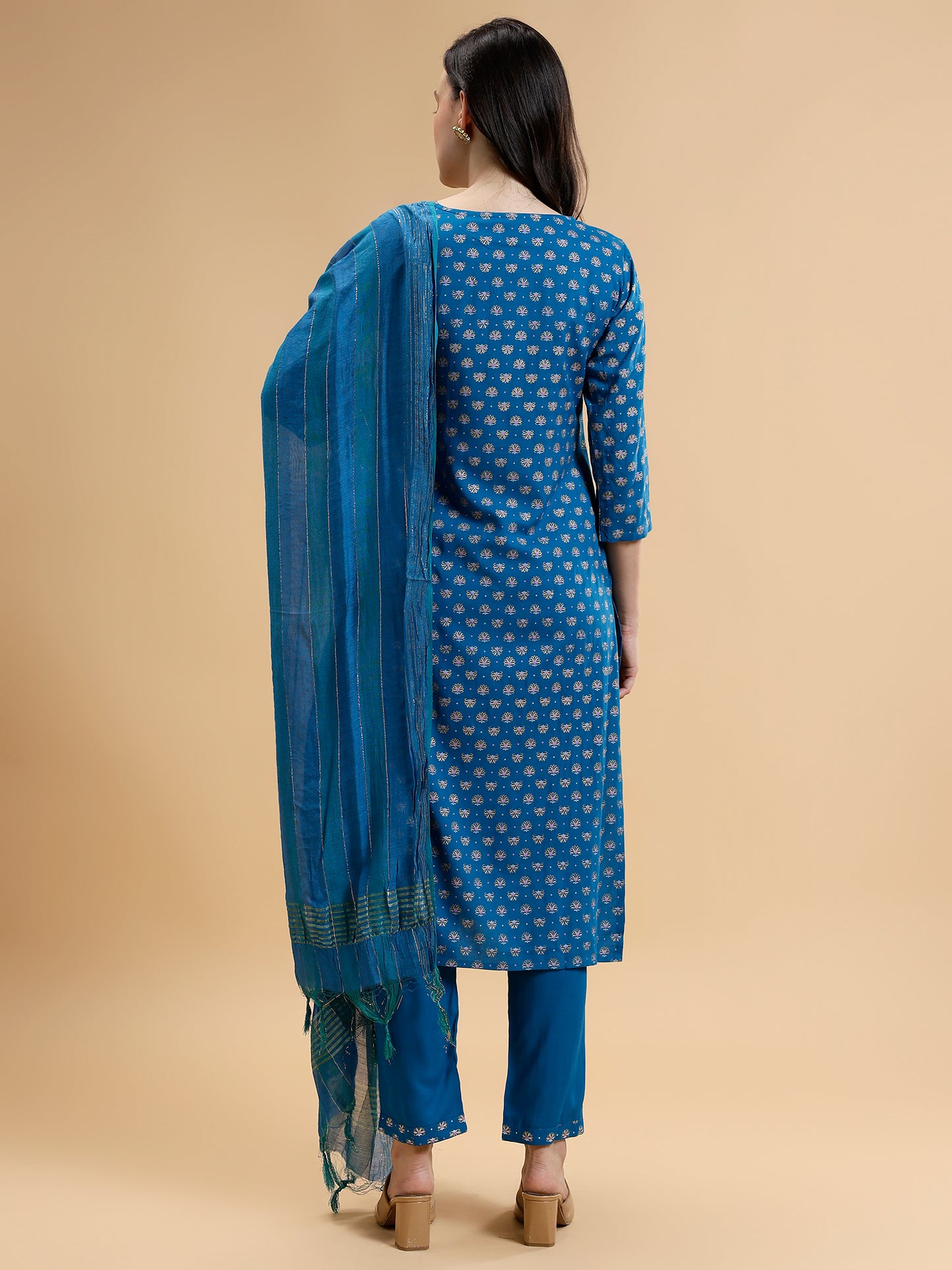 Floral Printed Liva Kurta with Trousers & Dupatta - Five Miles