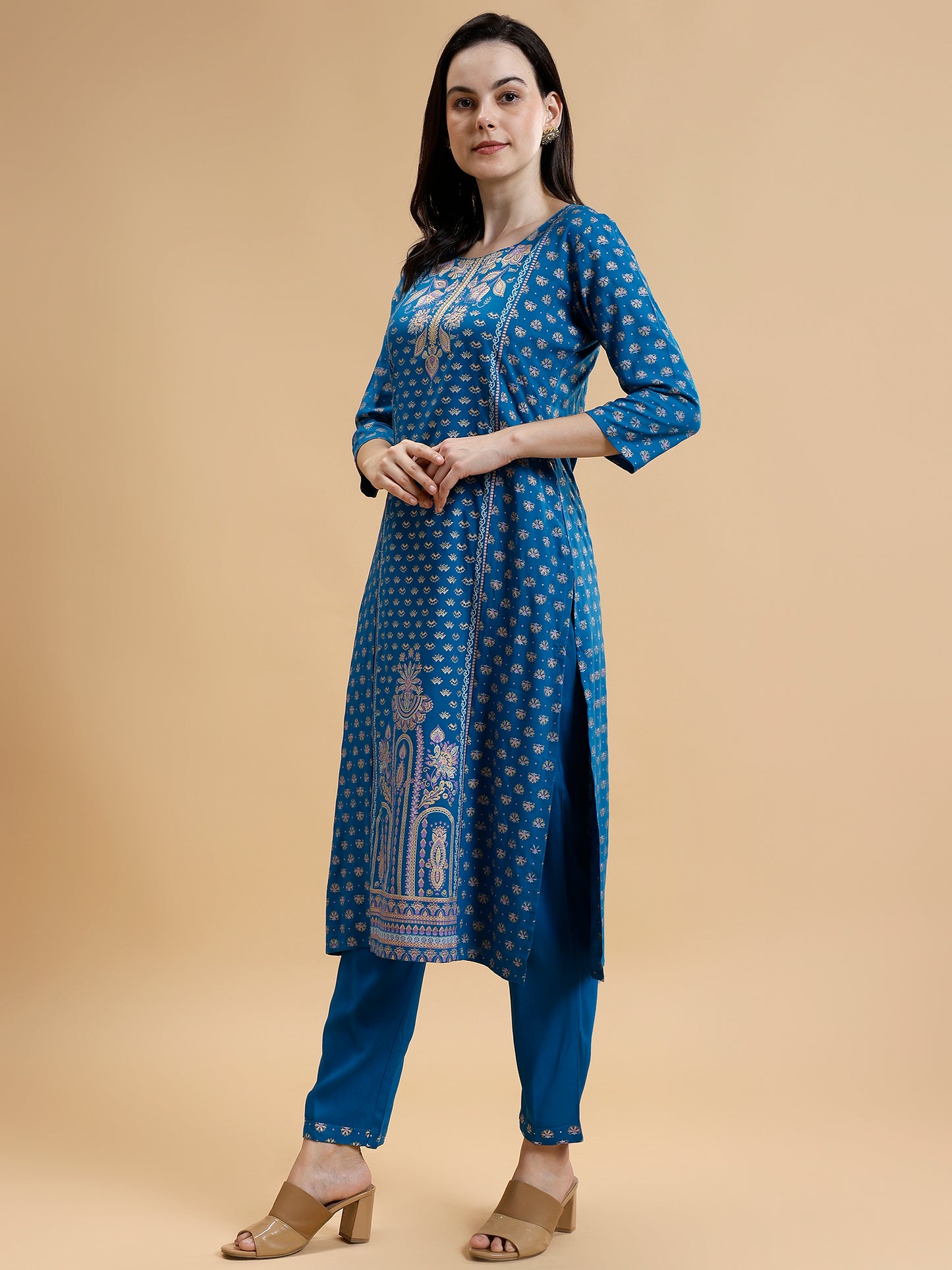 Floral Printed Liva Kurta with Trousers & Dupatta - Five Miles