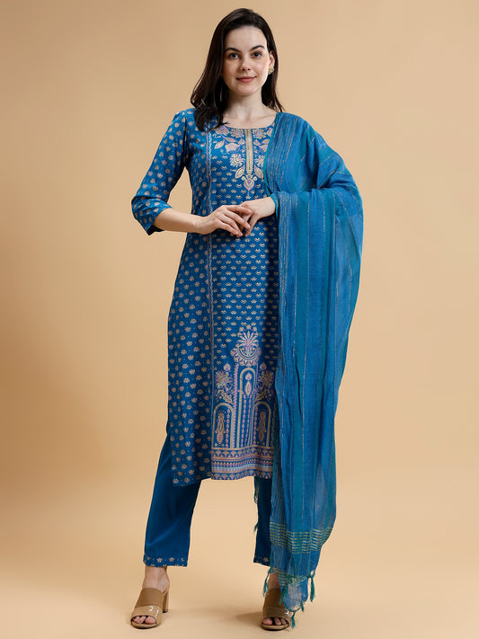 Floral Printed Liva Kurta with Trousers & Dupatta - Five Miles