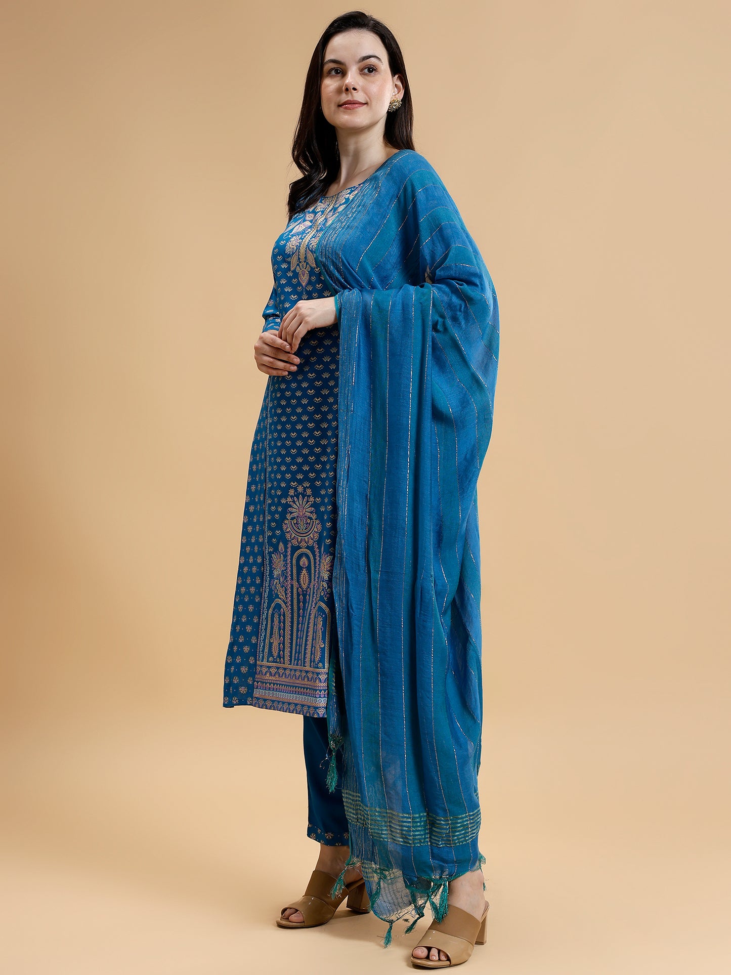 Floral Printed Liva Kurta with Trousers & Dupatta - Five Miles