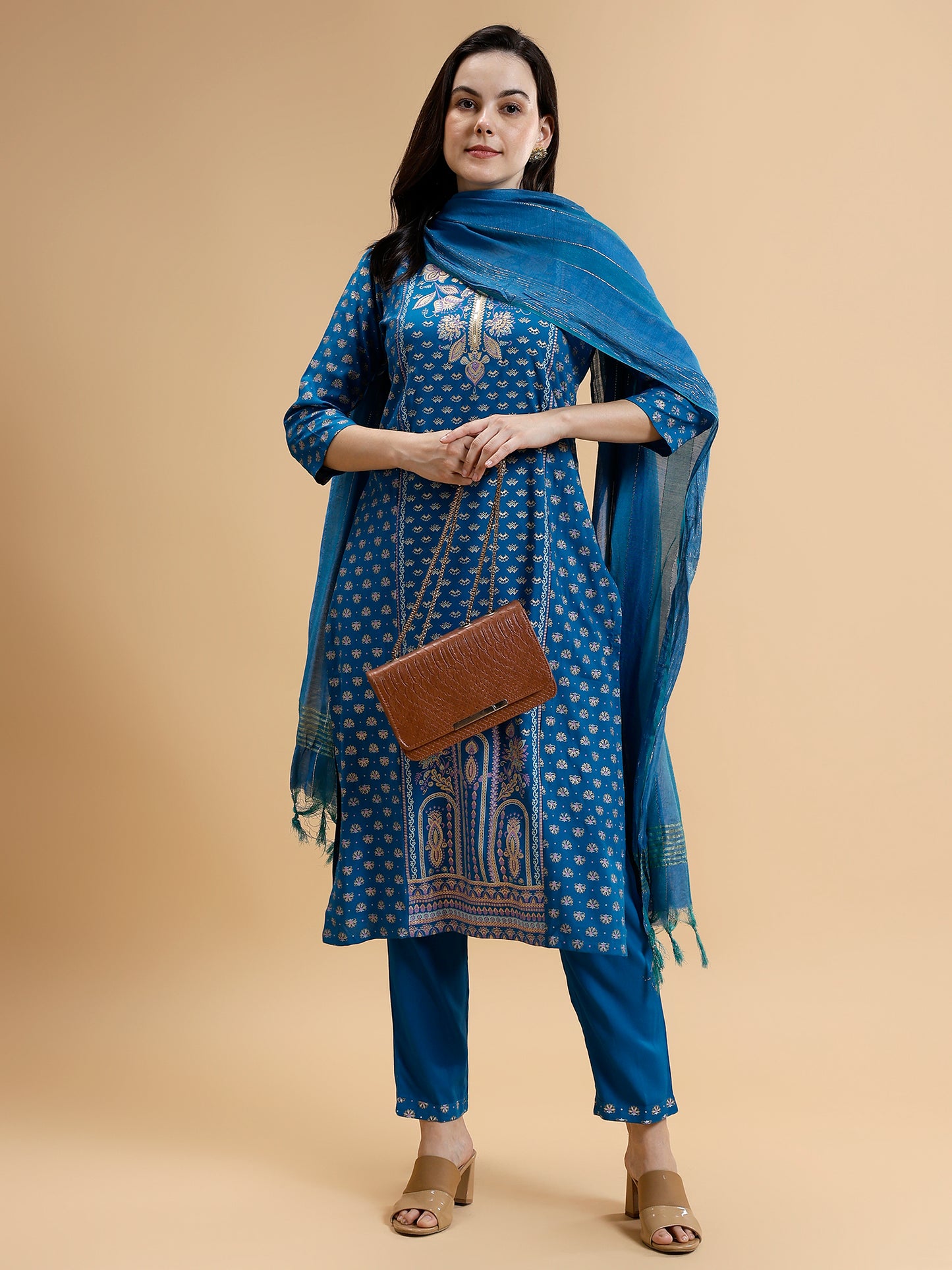 Floral Printed Liva Kurta with Trousers & Dupatta - Five Miles