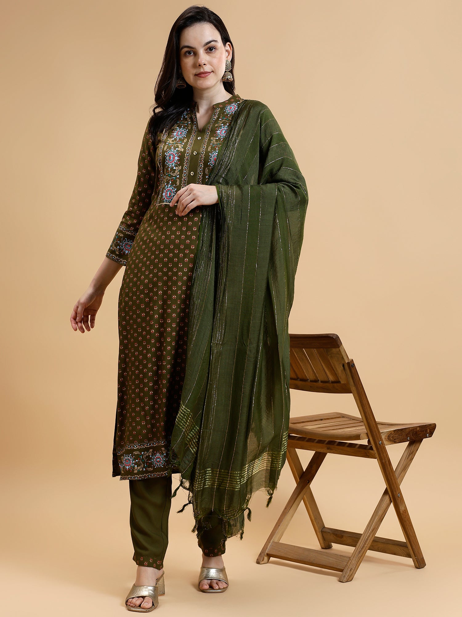 Ethnic Motifs Printed Liva Kurta With Trousers & Dupatta - Five Miles