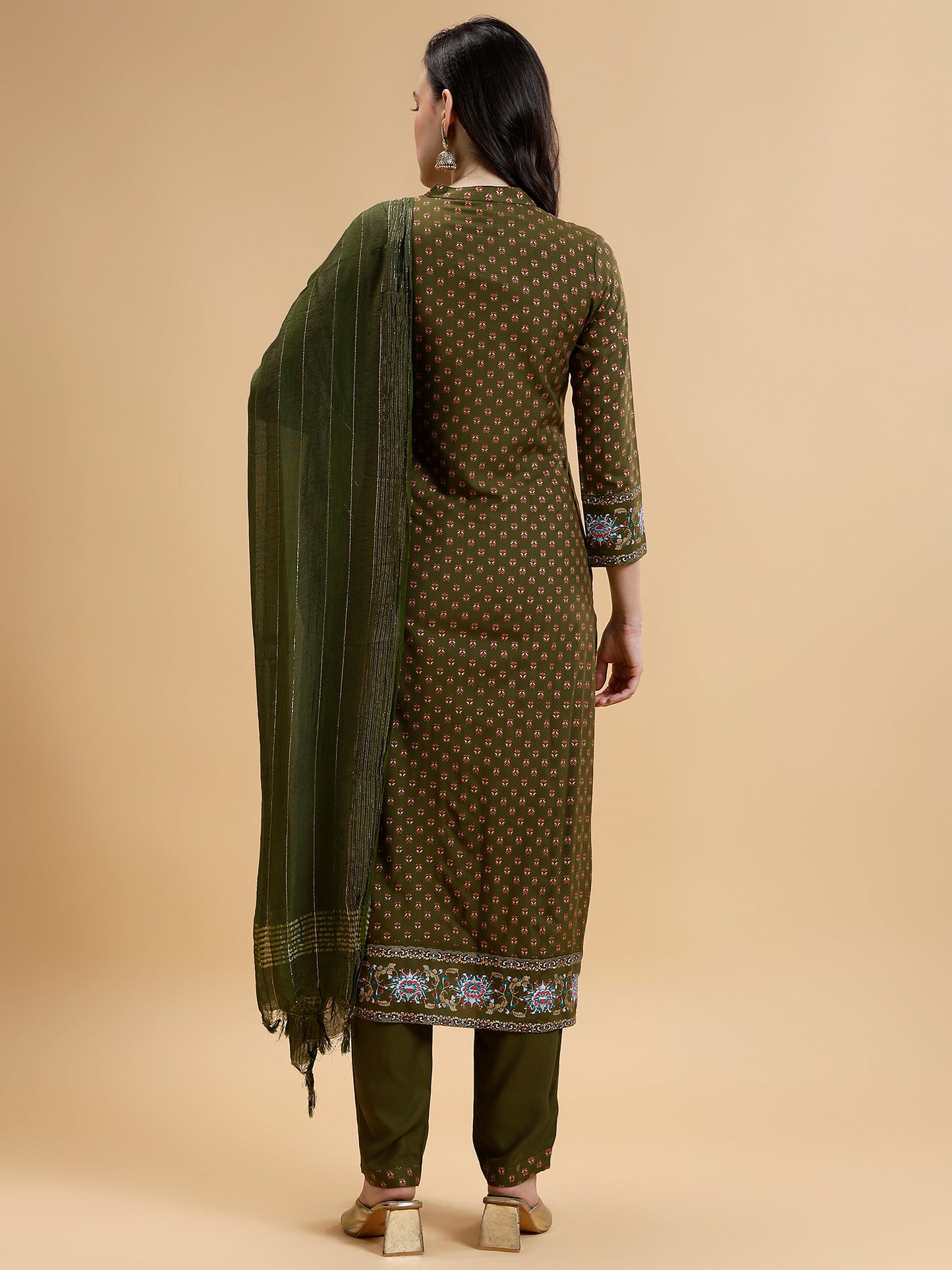 Ethnic Motifs Printed Liva Kurta With Trousers & Dupatta - Five Miles