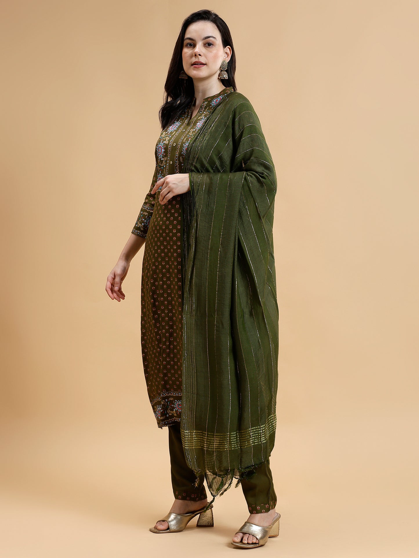 Ethnic Motifs Printed Liva Kurta With Trousers & Dupatta - Five Miles