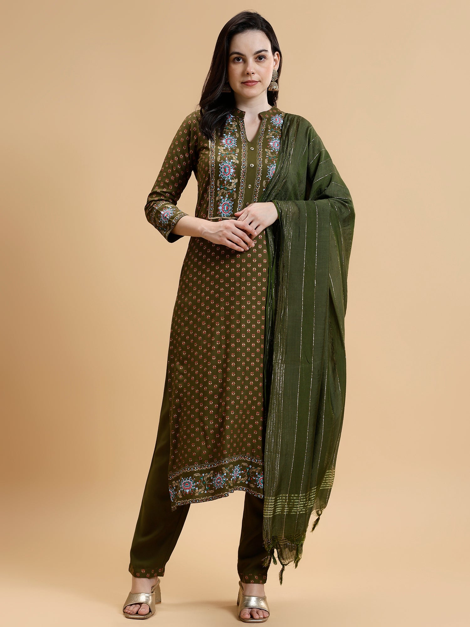 Ethnic Motifs Printed Liva Kurta With Trousers & Dupatta - Five Miles