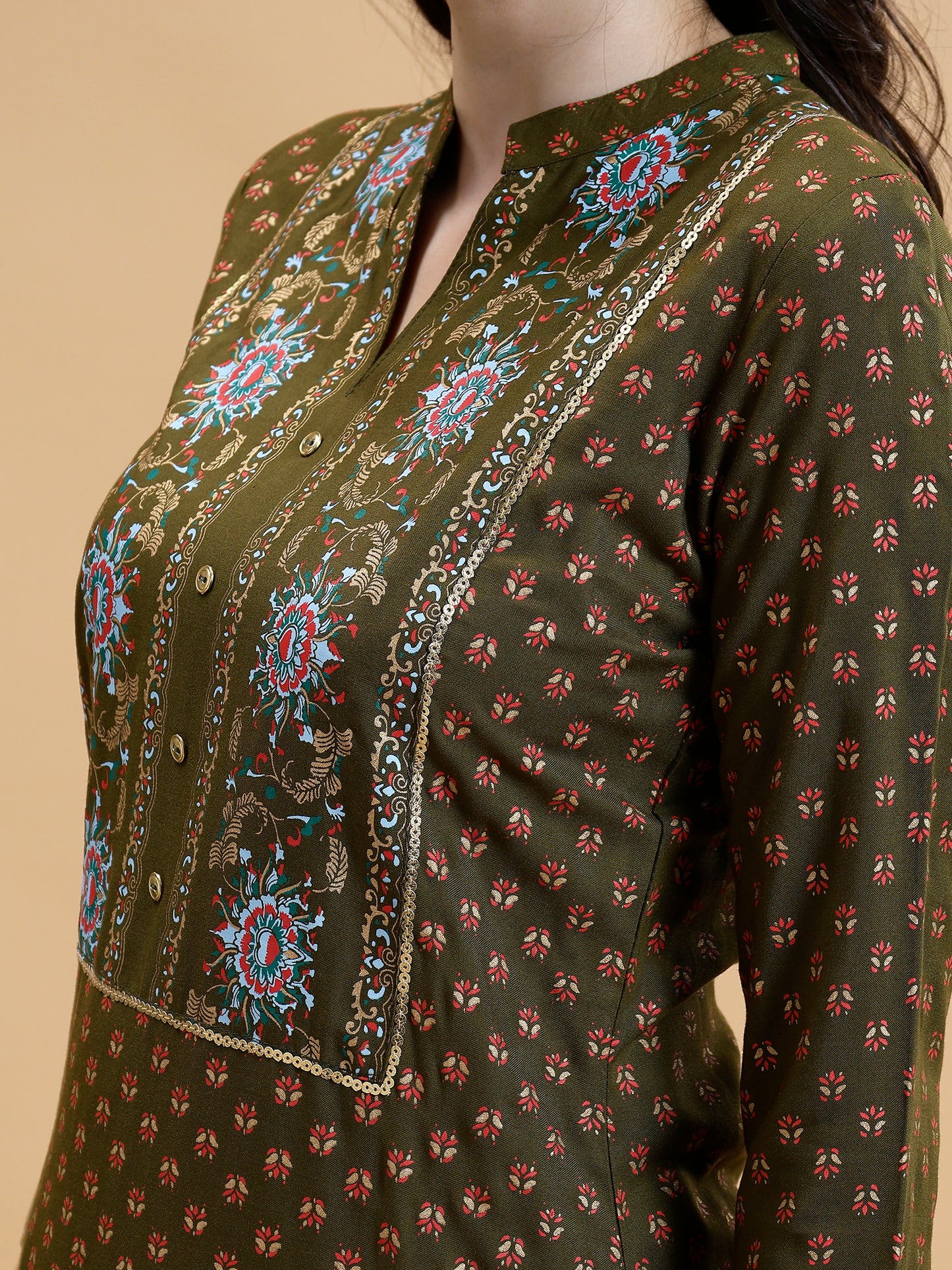 Ethnic Motifs Printed Liva Kurta With Trousers & Dupatta - Five Miles