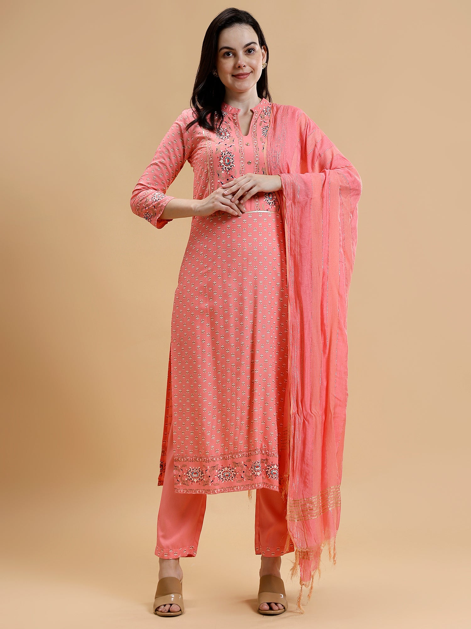 Floral Printed Regular Liva Kurta With Trousers & Dupatta - Five Miles