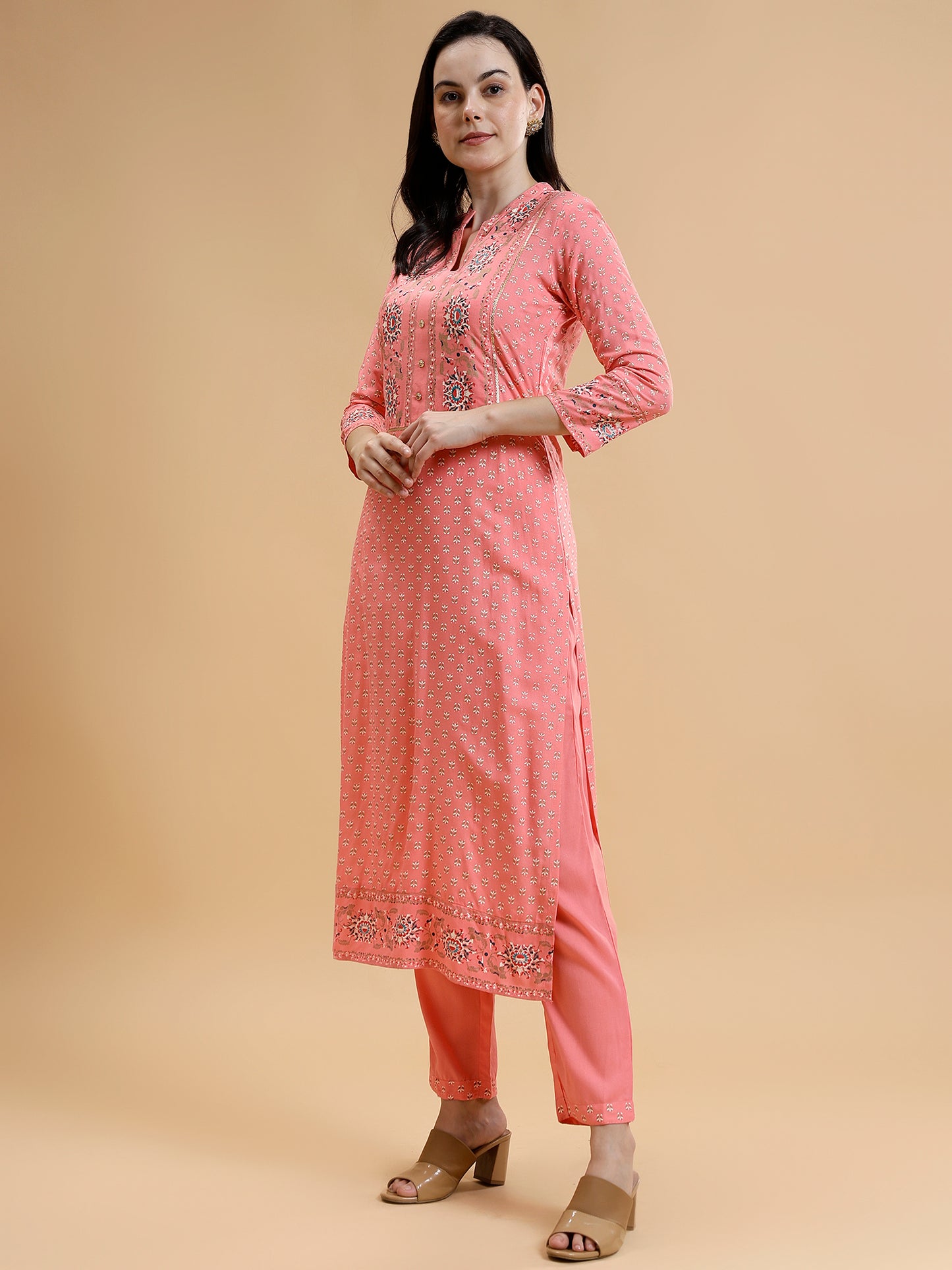 Floral Printed Regular Liva Kurta With Trousers & Dupatta - Five Miles