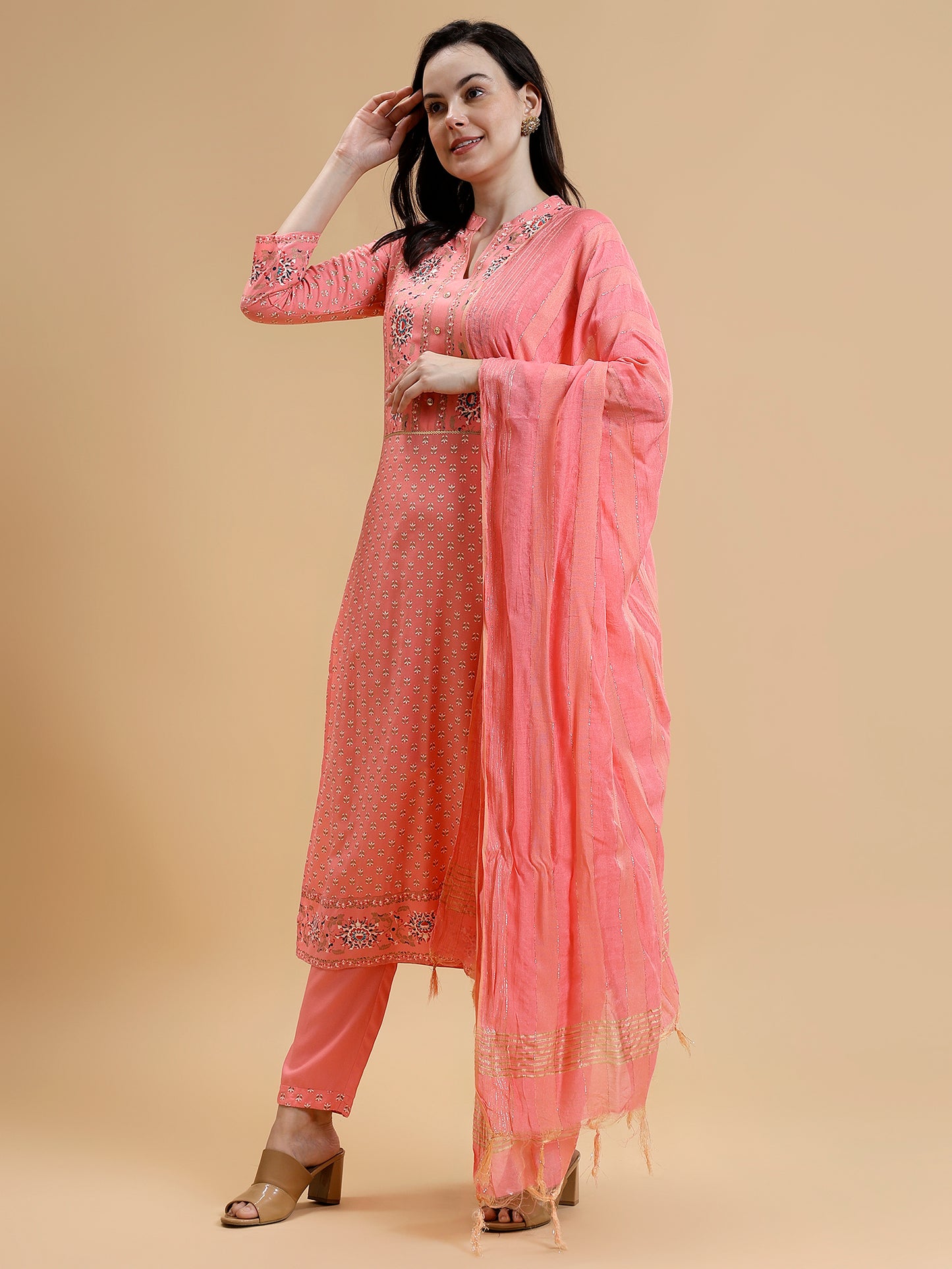 Floral Printed Regular Liva Kurta With Trousers & Dupatta - Five Miles