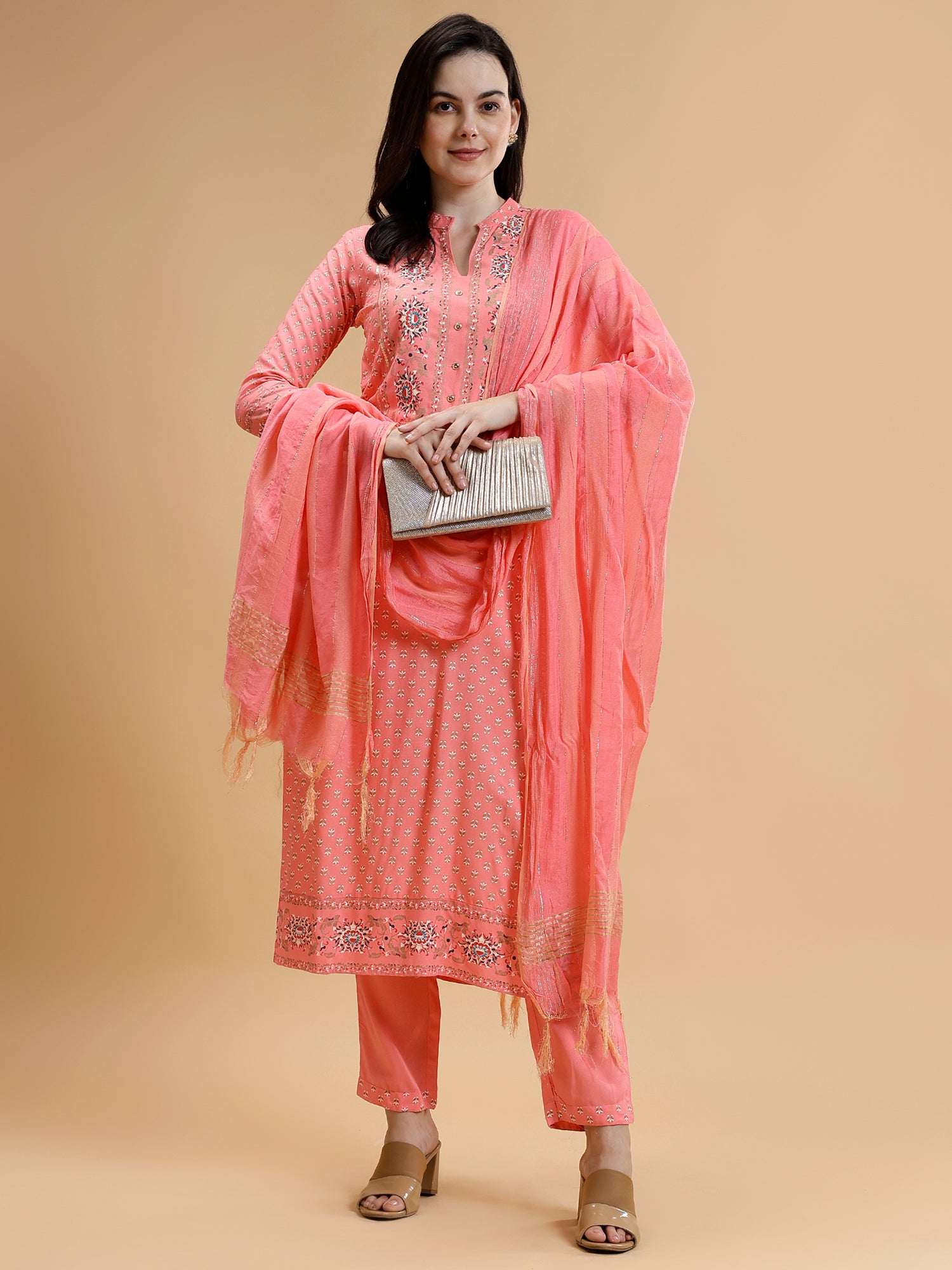 Floral Printed Regular Liva Kurta With Trousers & Dupatta - Five Miles