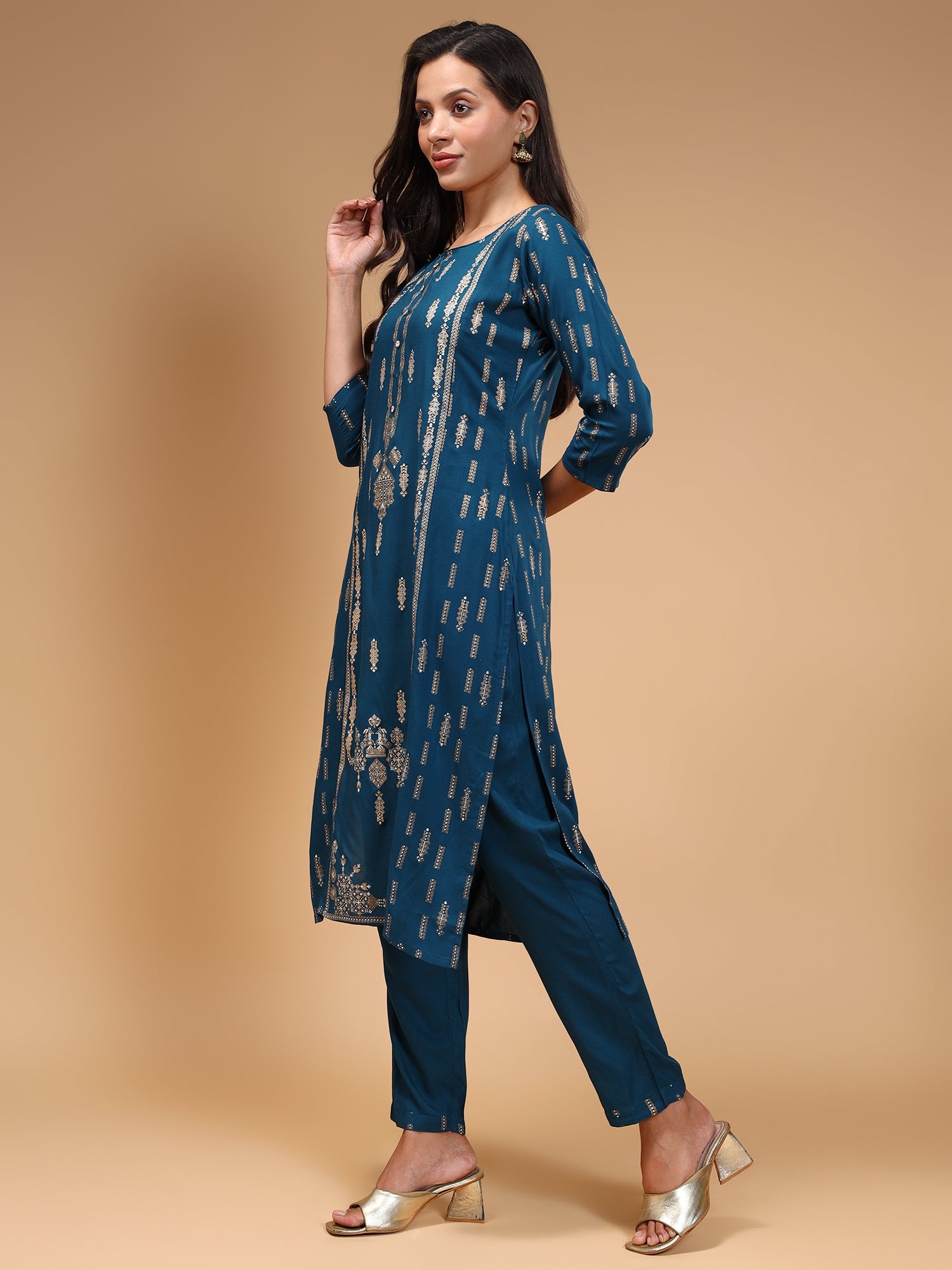 Ethnic Motifs Printed Liva Kurta With Trousers & Dupatta - Five Miles