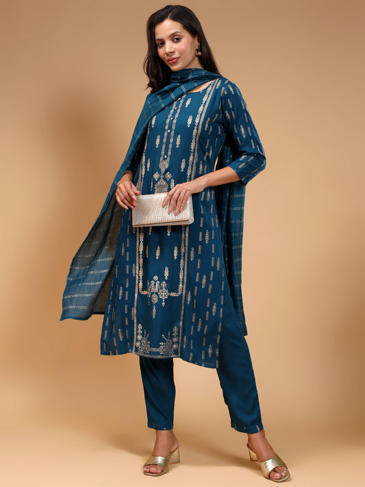 Ethnic Motifs Printed Liva Kurta With Trousers & Dupatta - Five Miles