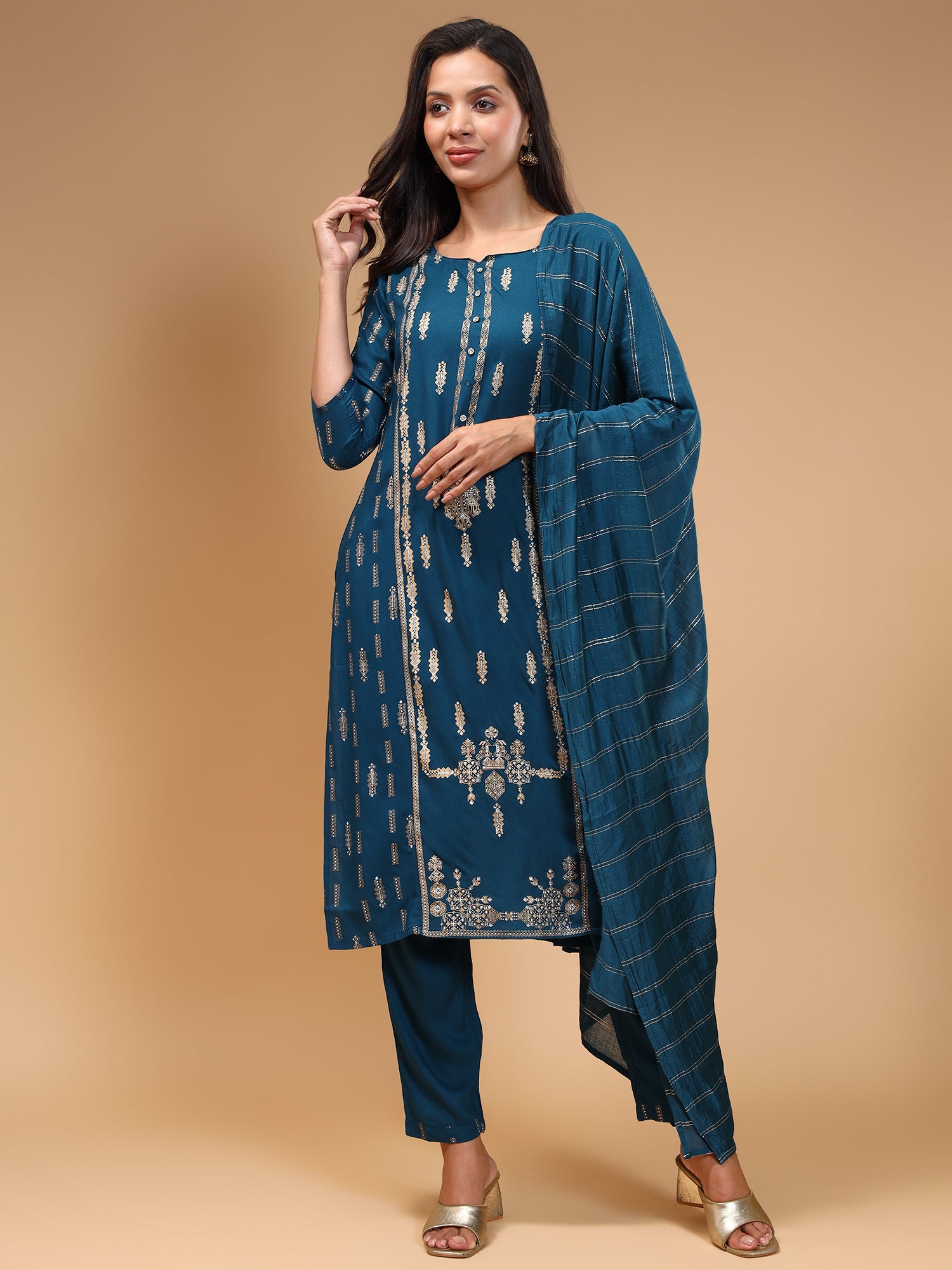 Ethnic Motifs Printed Liva Kurta With Trousers & Dupatta - Five Miles