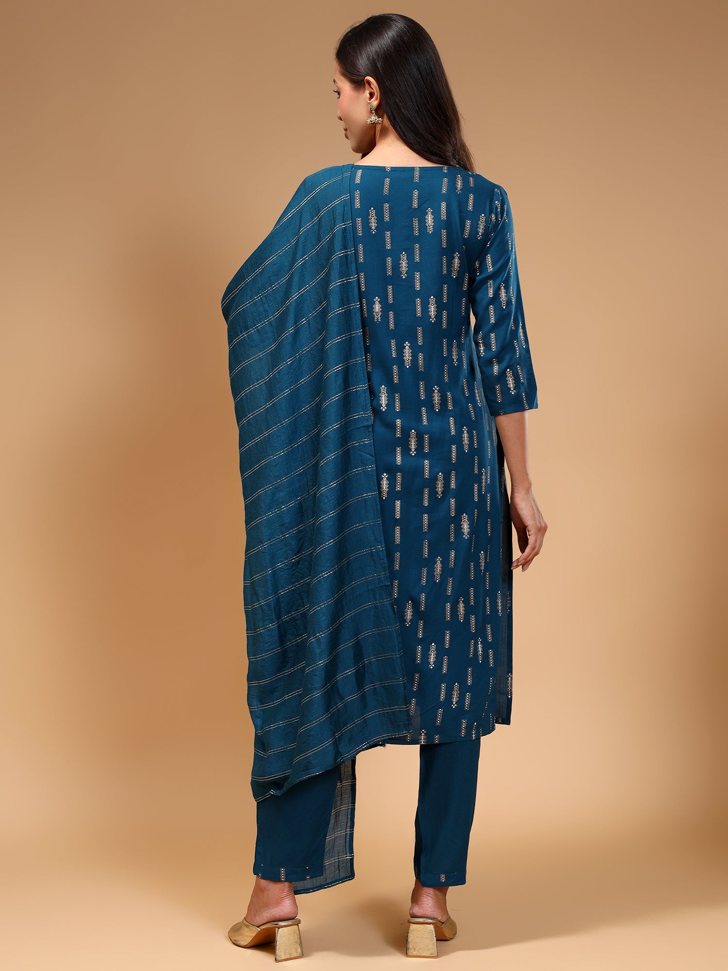 Ethnic Motifs Printed Liva Kurta With Trousers & Dupatta - Five Miles